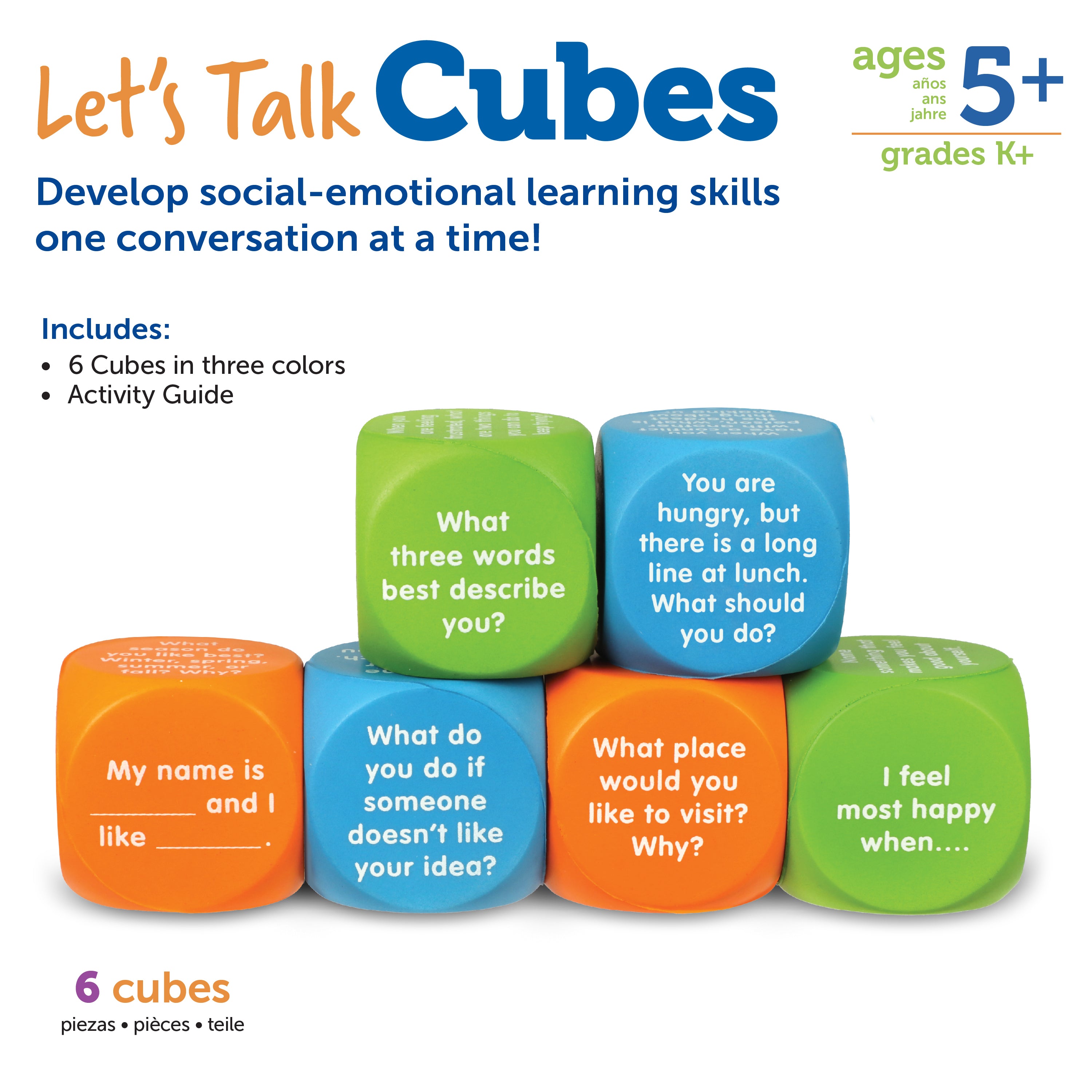 Learning Resources Lets Talk SEL Cubes, Set of 6 Social Emotional Learning Conversation Cubes, Includes 36 Prompts for Ice Breakers, Social Skills, and Emotional Awareness, For Ages 5+