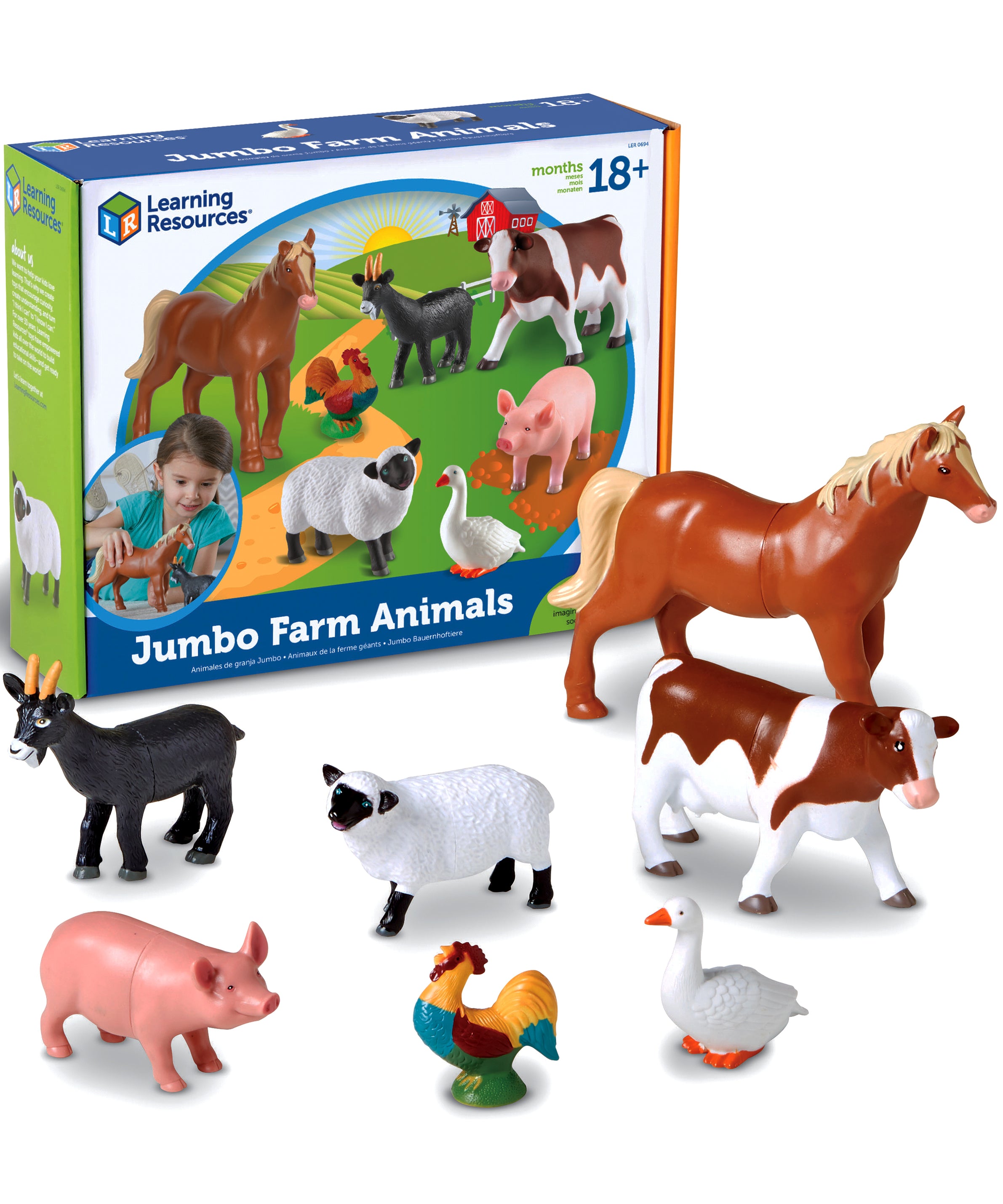 Learning Resources Jumbo Farm Animals Toy Set, 7-Piece Realistic Farm Animal Figures for Kids' Imaginative Play & Early Learning