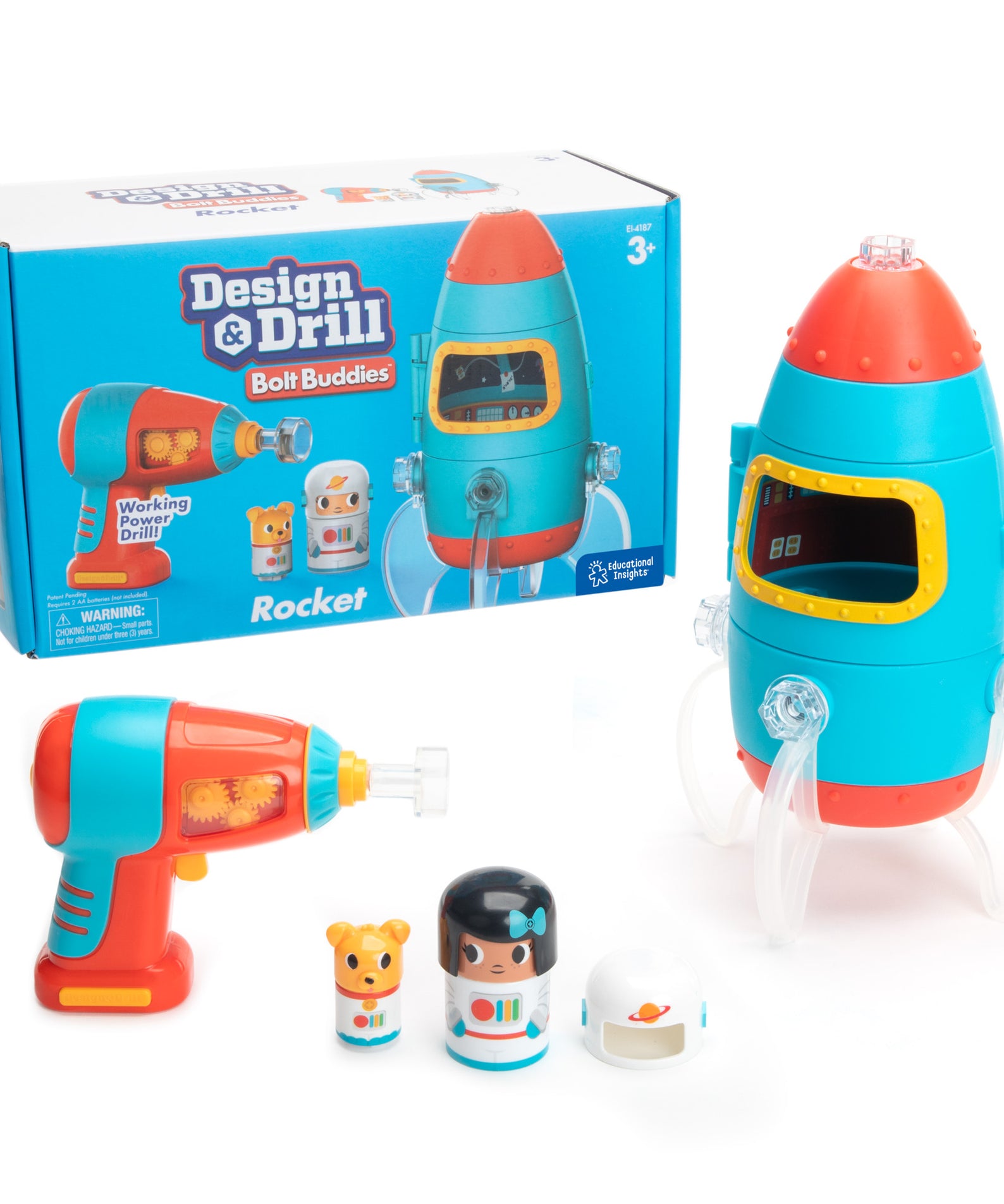 Learning Resources Design & Drill® Bolt Buddies® Rocket, Construction Toy with Kid-Safe Power Drill, Ages 3+