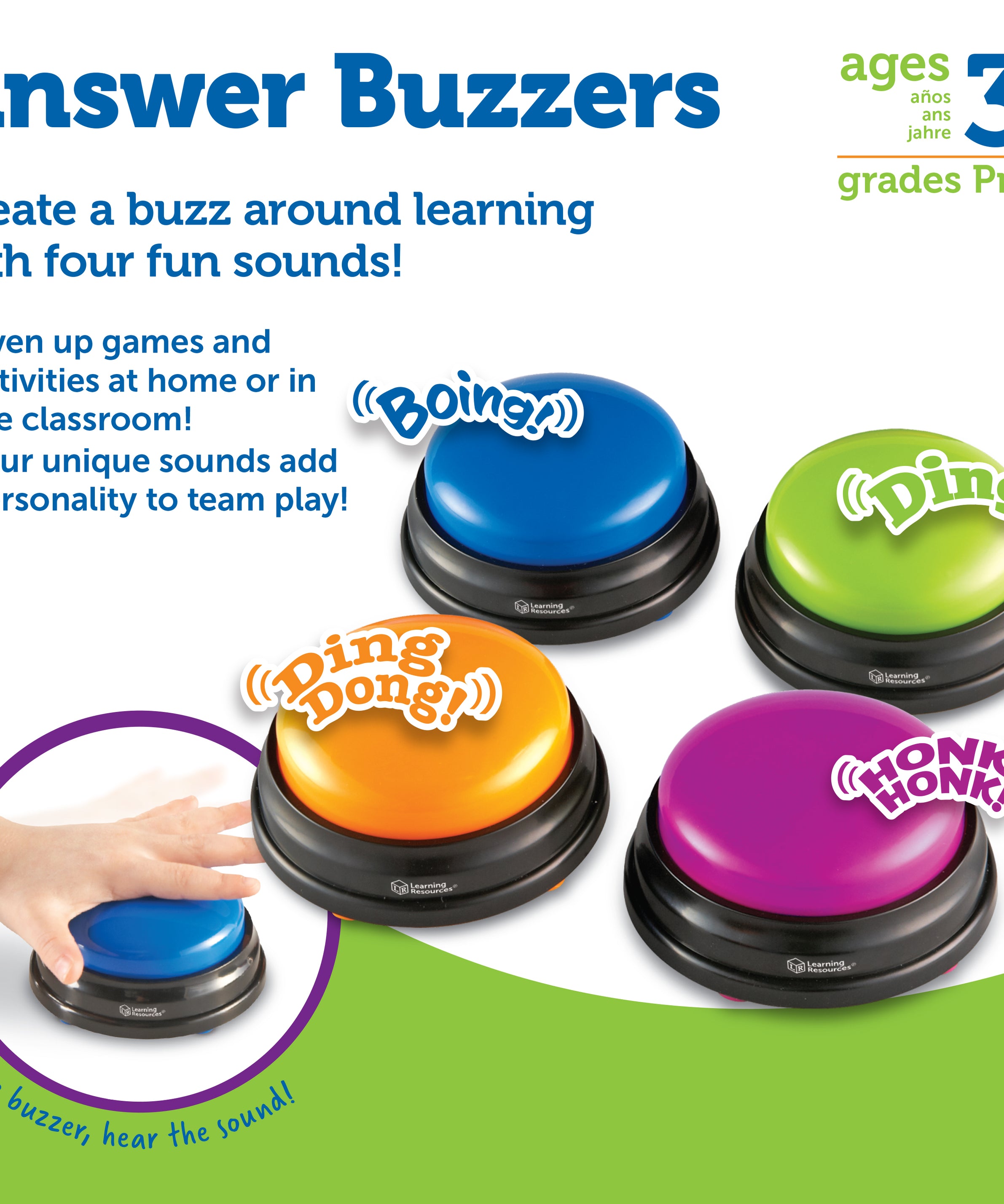 Learning Resources Answer Buzzers (Set of 4), Fun Game Show Style Response Buzzers with 4 Distinct Sounds for Classroom or Home Learning (Ages 3+)
