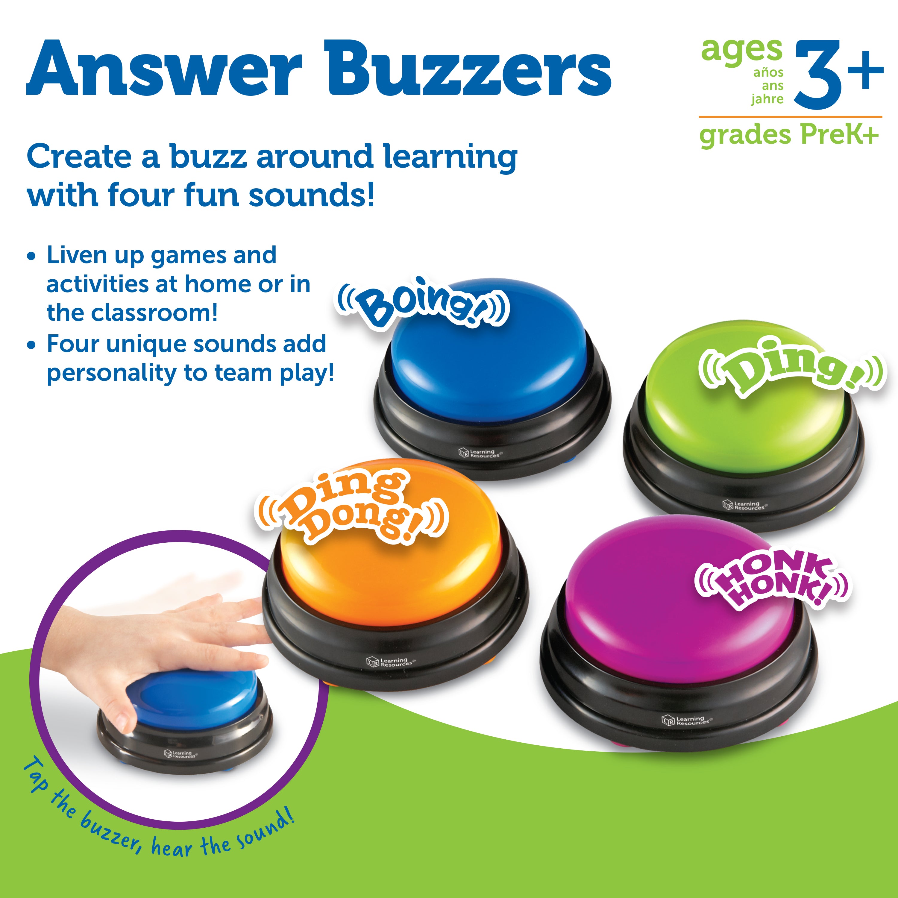 Learning Resources Answer Buzzers (Set of 4), Fun Game Show Style Response Buzzers with 4 Distinct Sounds for Classroom or Home Learning (Ages 3+)