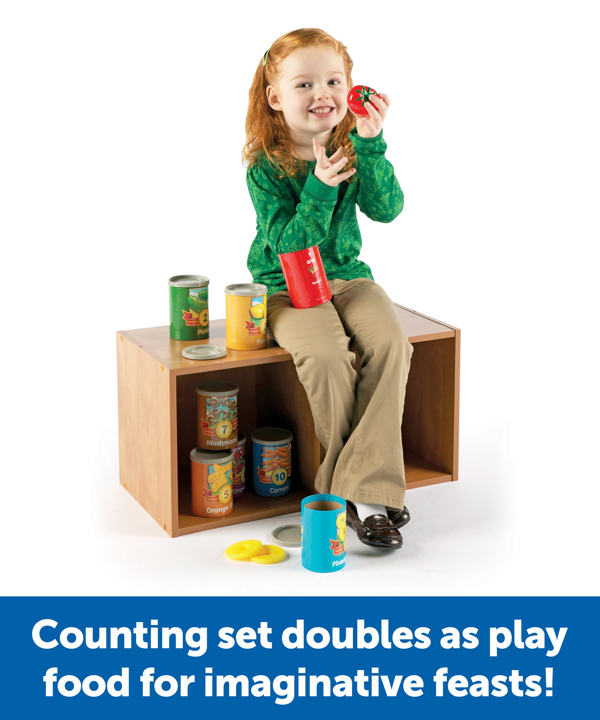 Learning Resources 1 to 10 Counting Cans, Early Years Counting and Sorting Toy with 55 Play Food Pieces, Stackable Storage, Ages 3 Plus