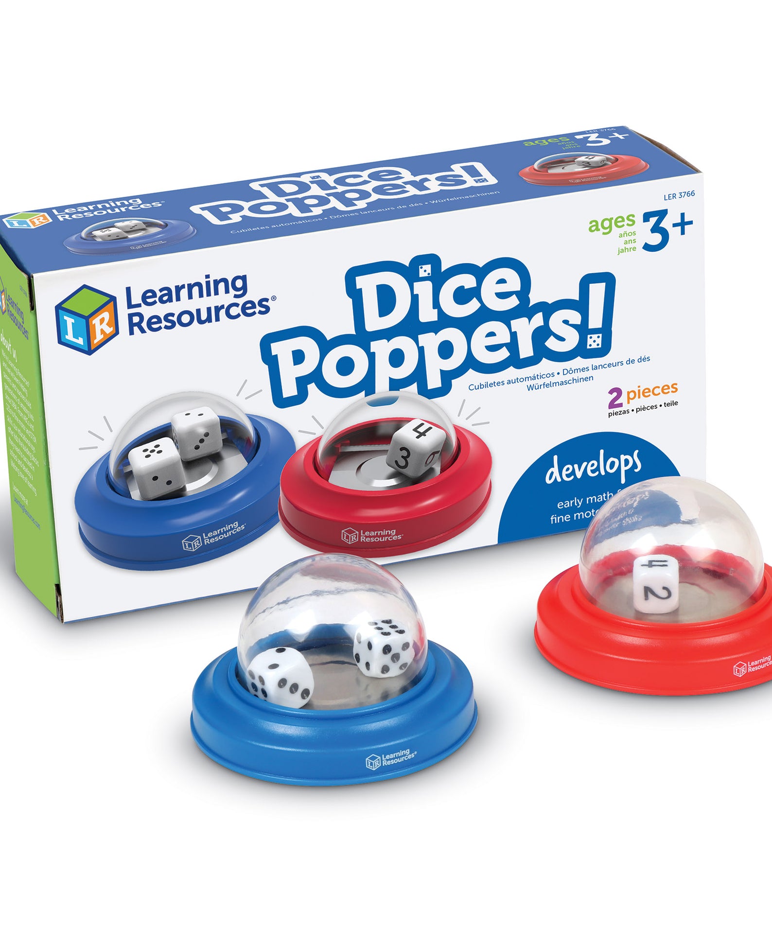Learning Resources Dice Poppers, Set of 2 Dice in Domes, Fun Math & Game Accessory for Kids, Ages 3+, Classroom & Home Use, Red & Blue Poppers with Numeral & Dot Dice