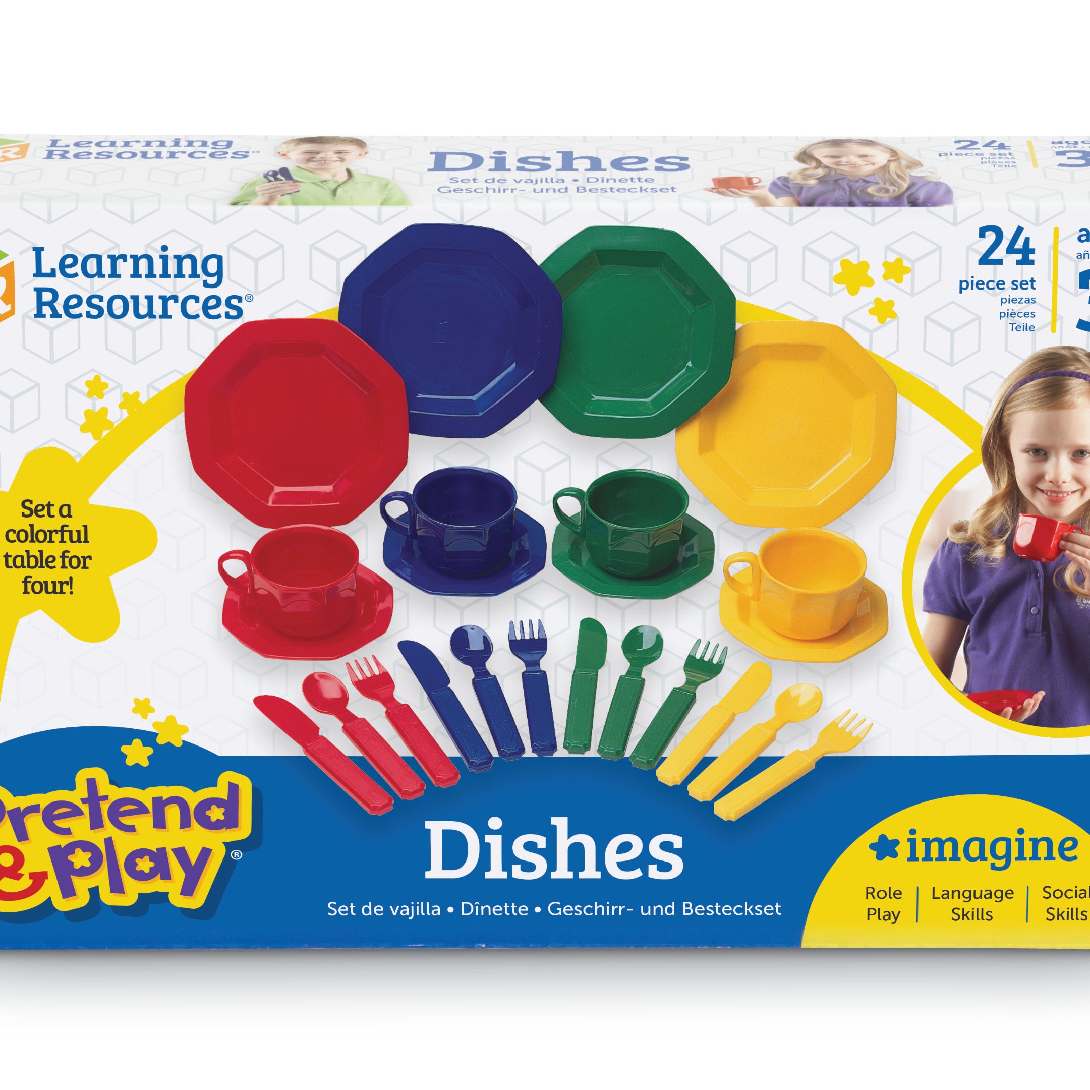 Learning Resources Play Dishes, 24-Piece Colourful Kitchen Toy Plate Set for Kids, Pretend Play Tableware for Toddlers, Durable Plastic, Ages 3+