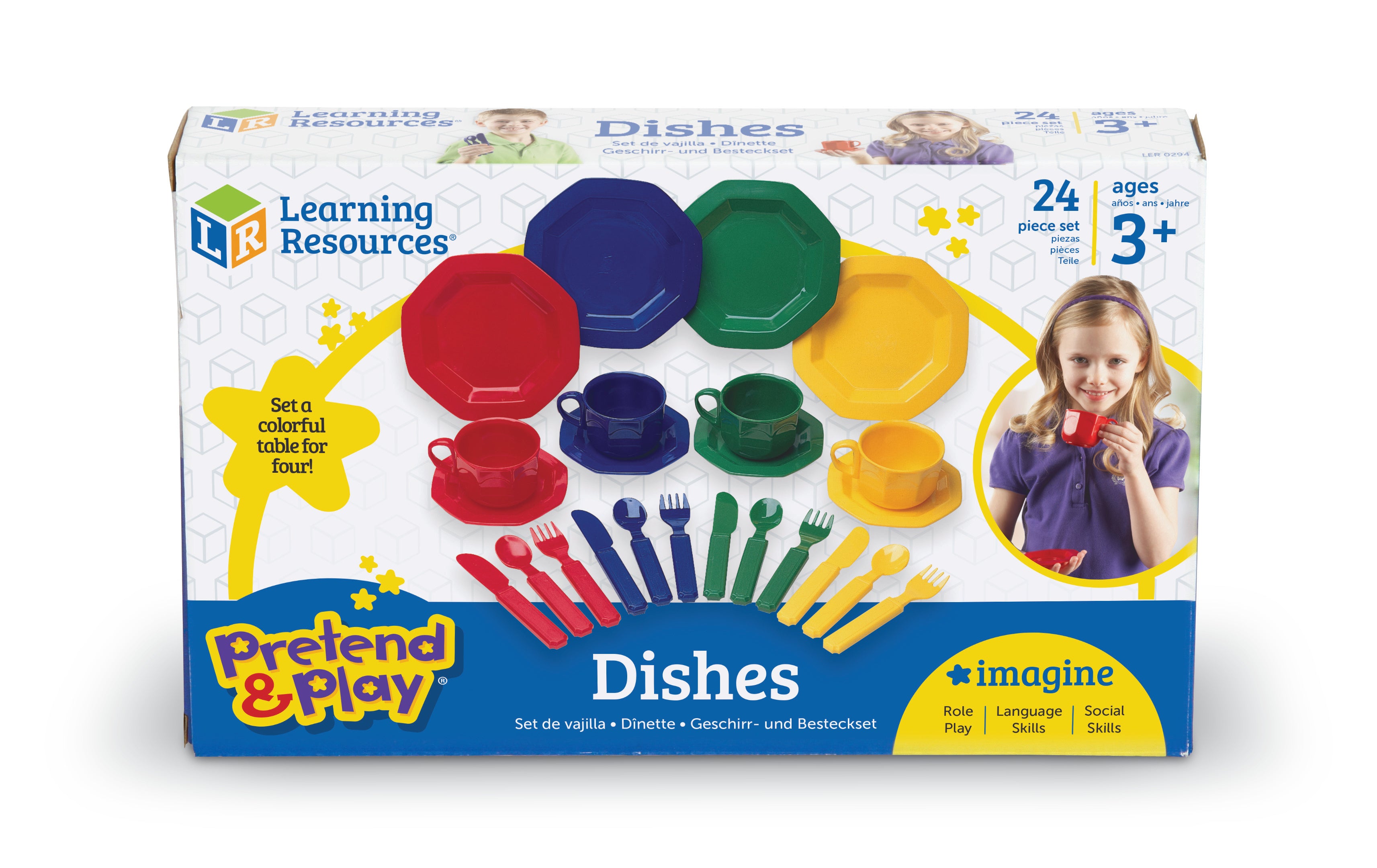 Learning Resources Play Dishes, 24-Piece Colourful Kitchen Toy Plate Set for Kids, Pretend Play Tableware for Toddlers, Durable Plastic, Ages 3+