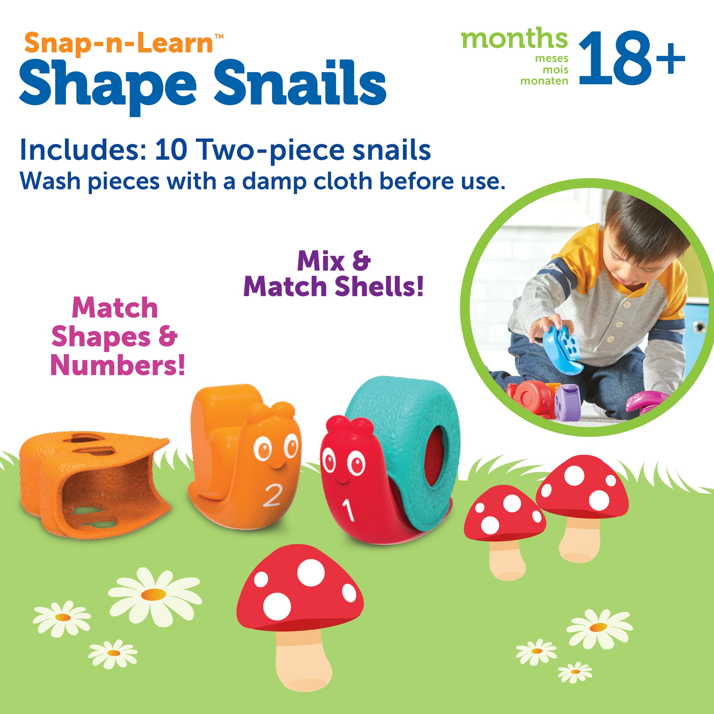 Learning Resources Snap-n-Learn Shape Snails, 20 Piece Toddler Educational Toy Set, Teaches Shapes, Numbers and Colours, Ages 18 Months+