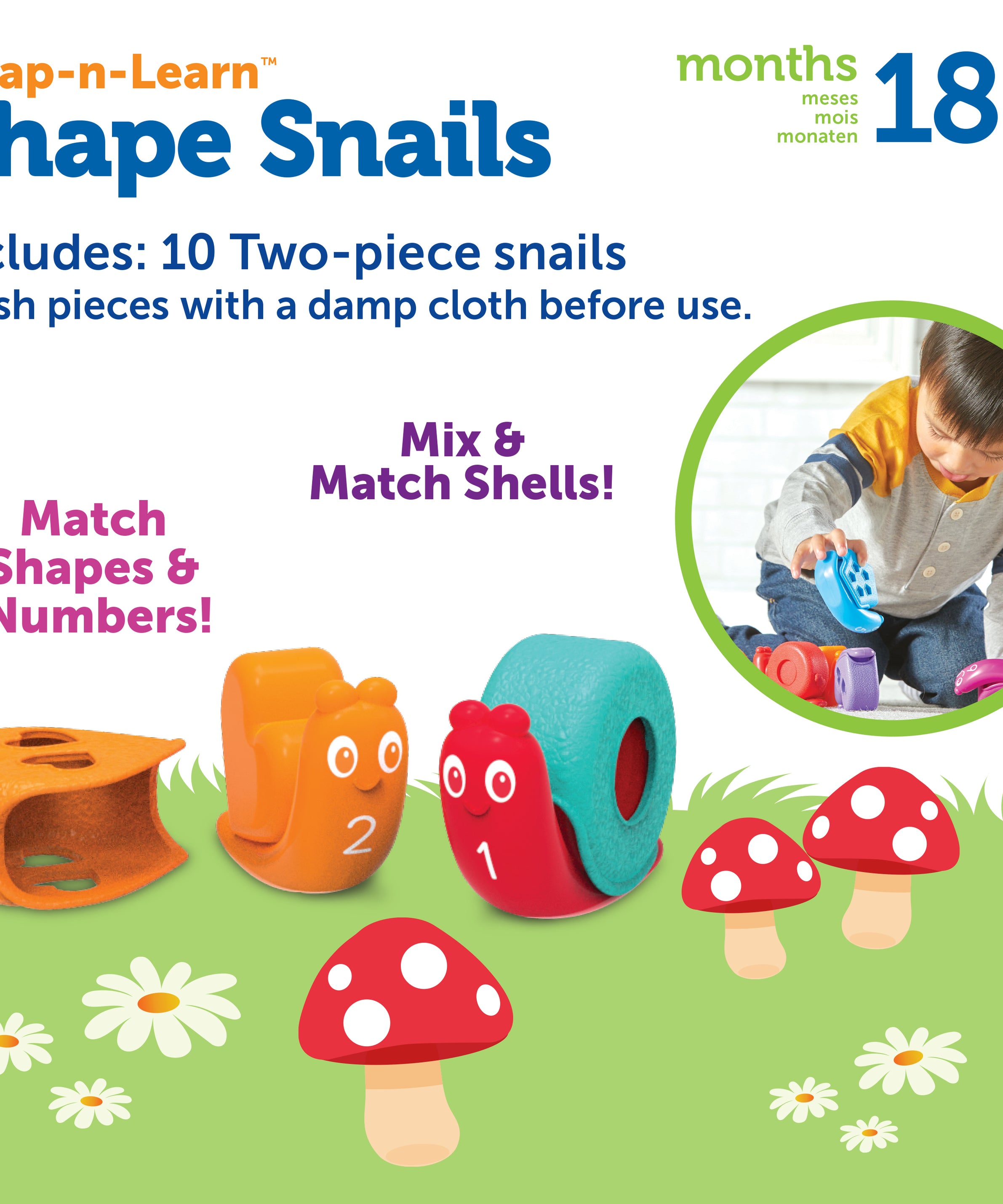 Learning Resources Snap-n-Learn Shape Snails, 20 Piece Toddler Educational Toy Set, Teaches Shapes, Numbers and Colours, Ages 18 Months+