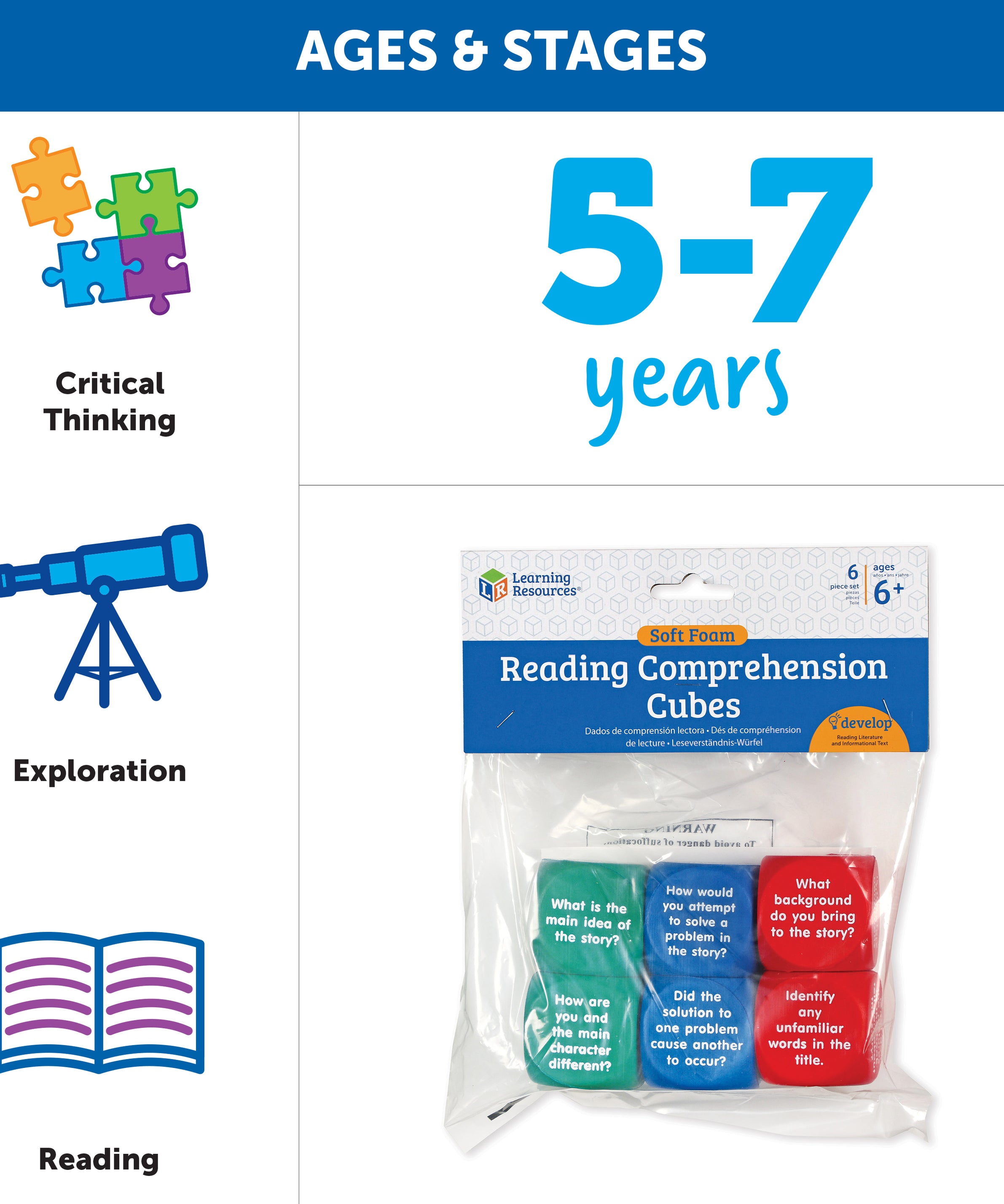 Learning Resources Reading Comprehension Cubes, Engaging Literacy & Language Skill-Building Activity, Set of 6 Soft Foam Dice with 36 Questions for Kids