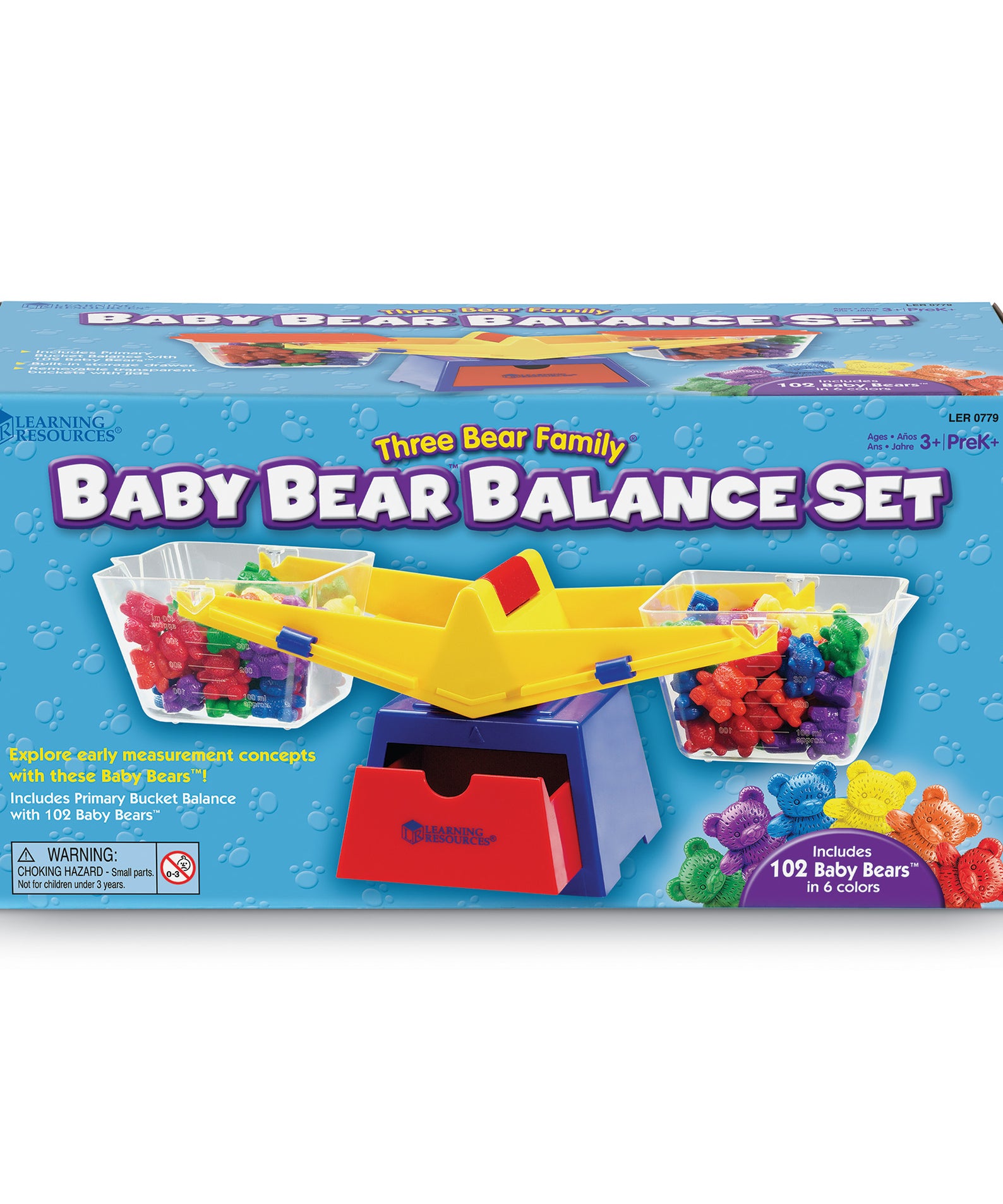 Learning Resources Primary Bucket Balance with Compare Bear Counters, Hands-On Math Learning Tool for Weighing, Measuring and Comparing, Includes 102 Counters and Activity Guide, Ages 3+