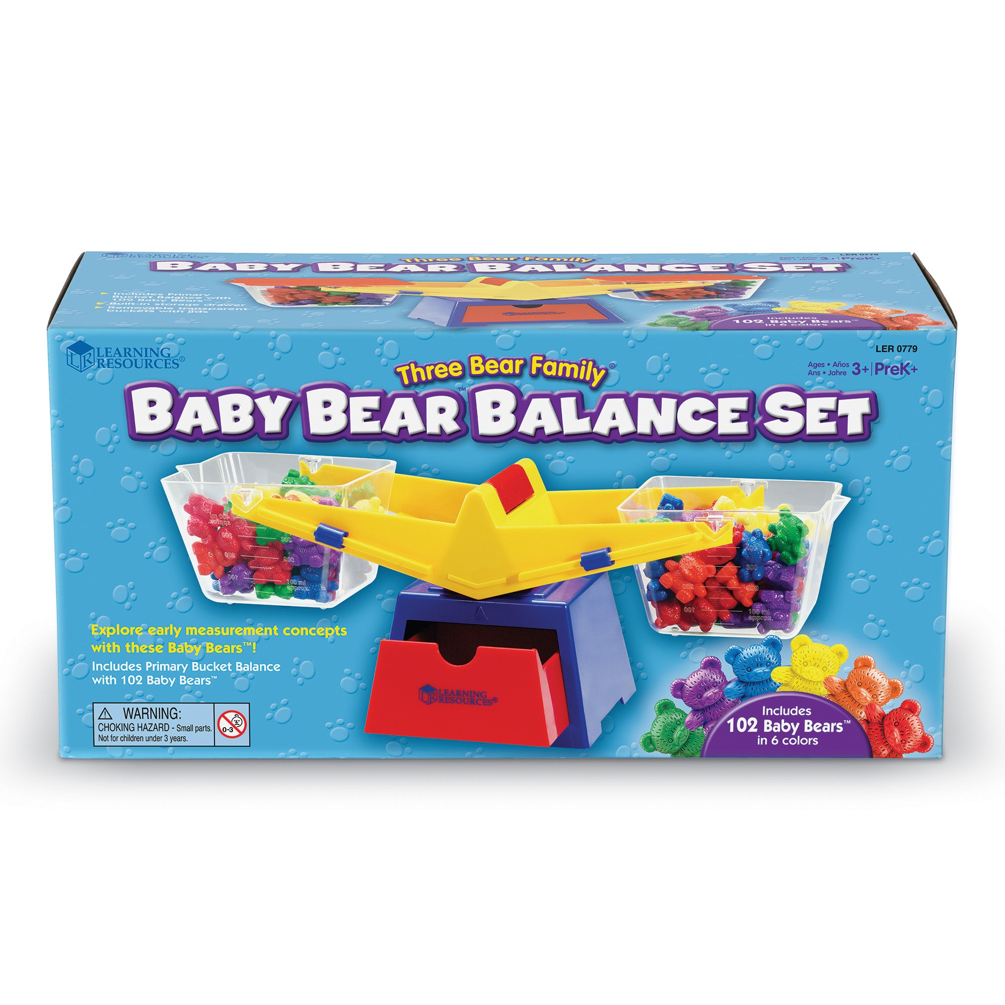 Learning Resources Primary Bucket Balance with Compare Bear Counters, Hands-On Math Learning Tool for Weighing, Measuring and Comparing, Includes 102 Counters and Activity Guide, Ages 3+