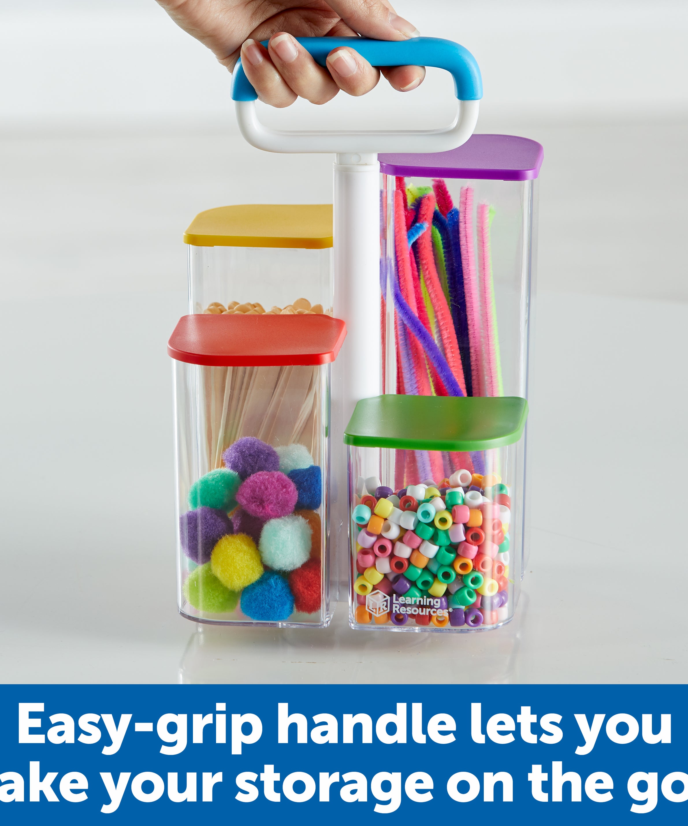 Learning Resources Create-a-Space See-Thru Storage Caddy, Portable Organiser with 4 Clear Bins and Colourful Lids, Ideal for Art Supplies, Classroom, or Kitchen Storage