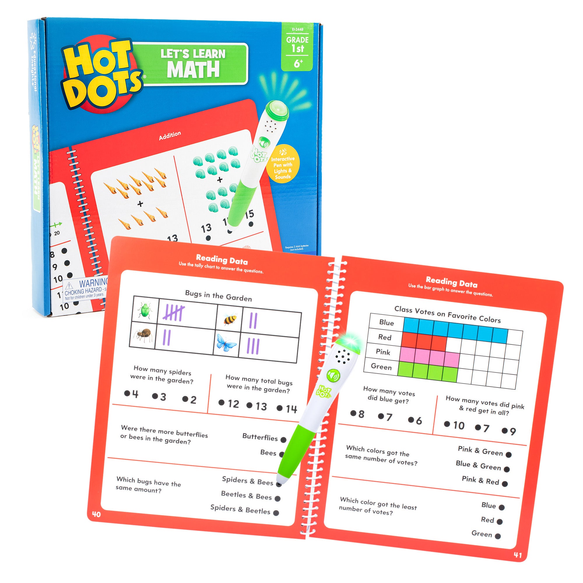 Learning Resources Hot Dots Let's Learn Math 1st Grade, Interactive Workbook with 50 Activity Pages and Talking Pen, Ages 6 Plus