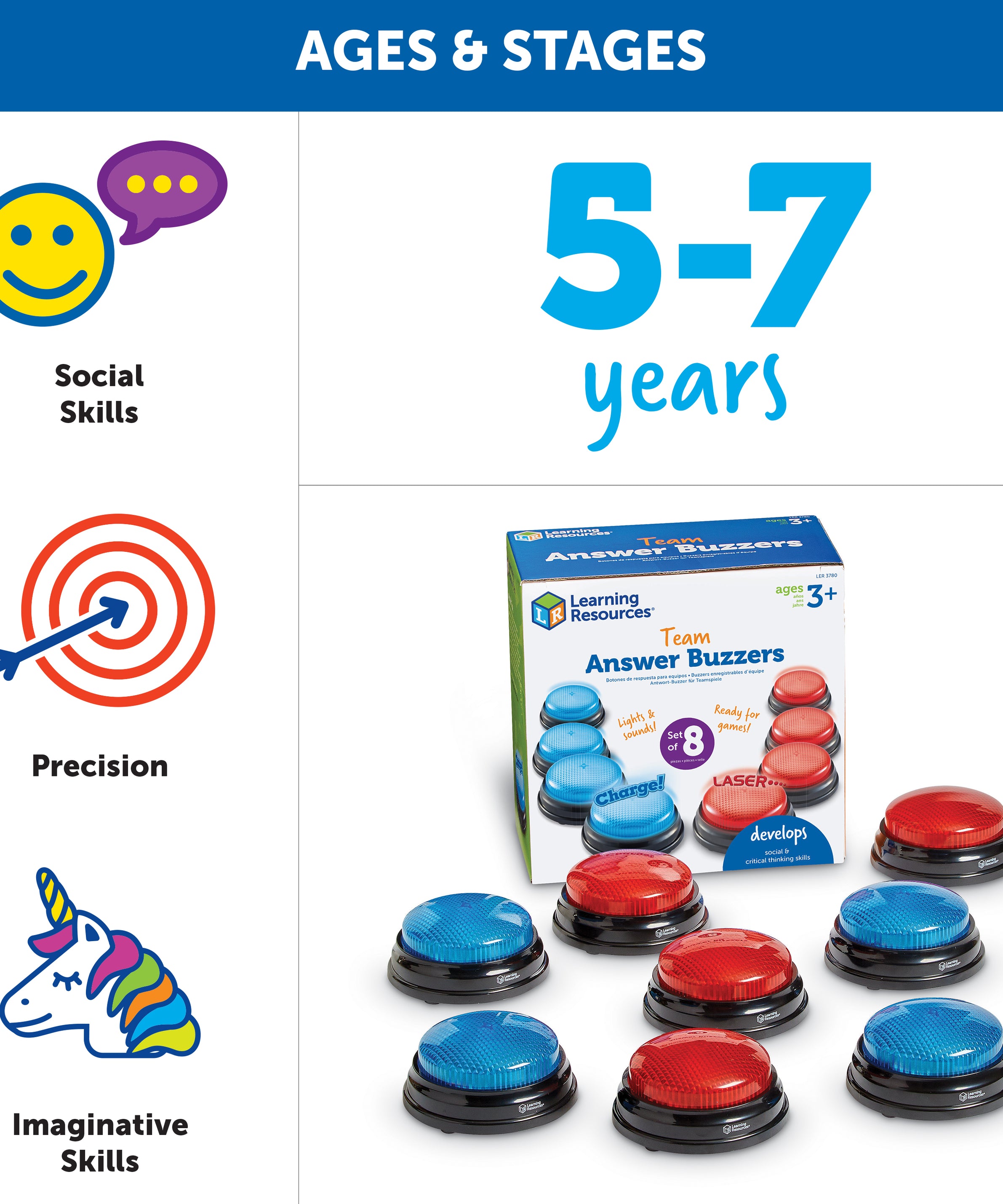 Learning Resources Team Answer Buzzers, Set of 8 Red and Blue Light-Up Buzzers with Unique Sounds, Game Show Buzzers for Team Play, Ages 3+