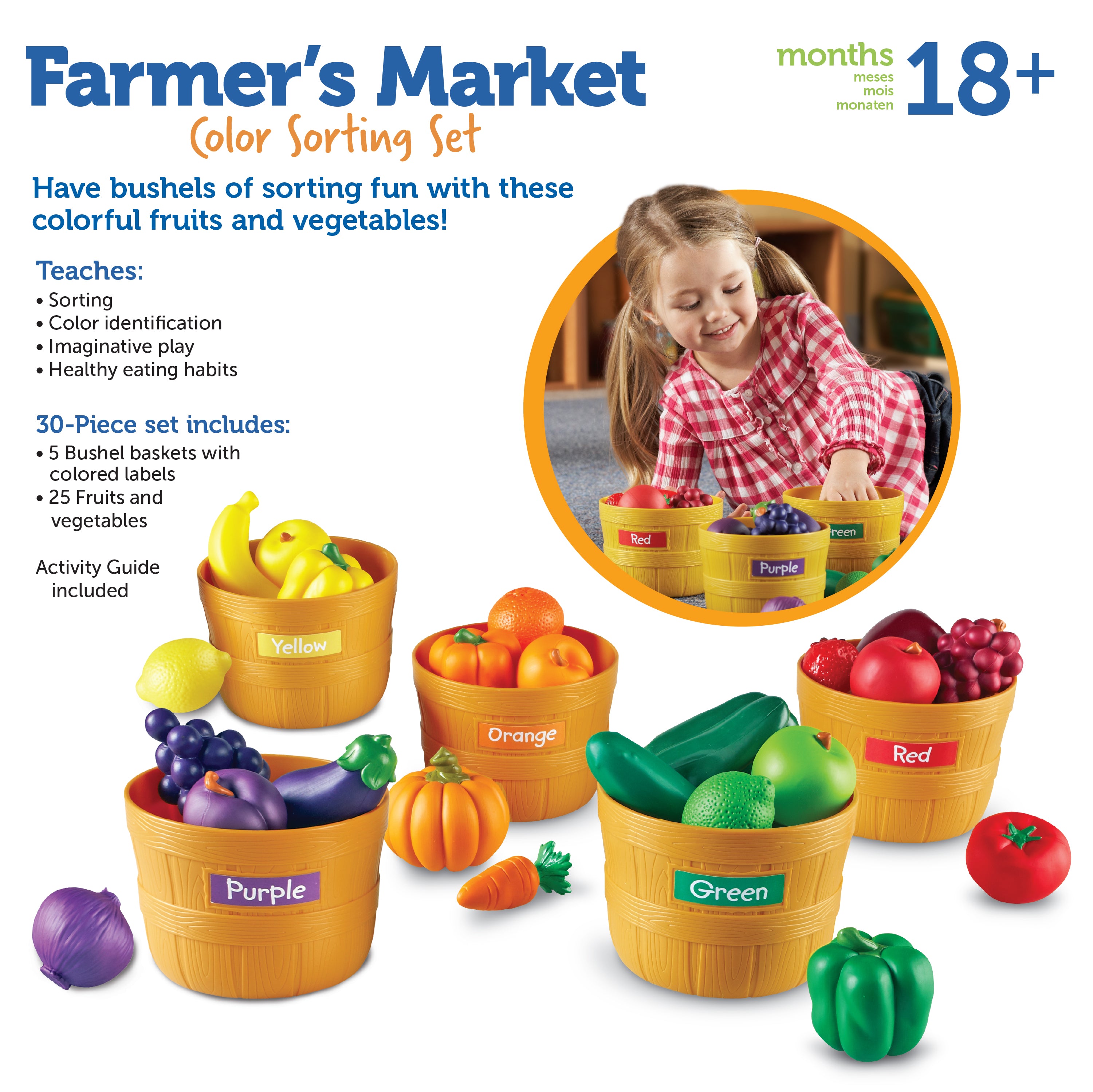 Learning Resources Farmer's Market Food Sorting Set, 25-Piece Toy Fruit & Vegetable Set for Role Play, Sorting, and Colour Recognition, Ideal for Kids Aged 3+