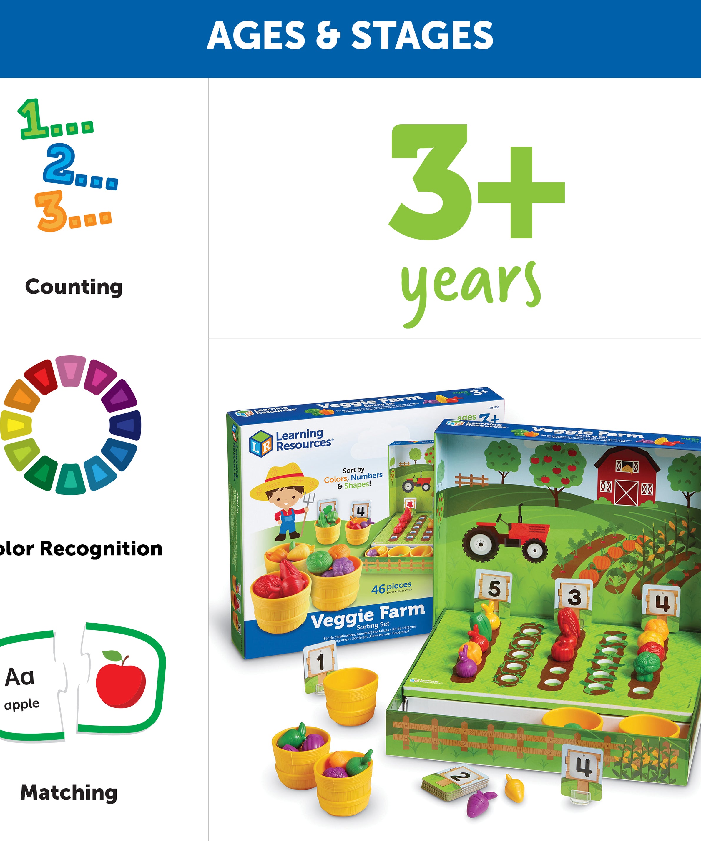 Learning Resources Veggie Farm Sorting Set, Hands-On Early Maths Activity for Counting, Sorting, and Colour Recognition, Ages 3+