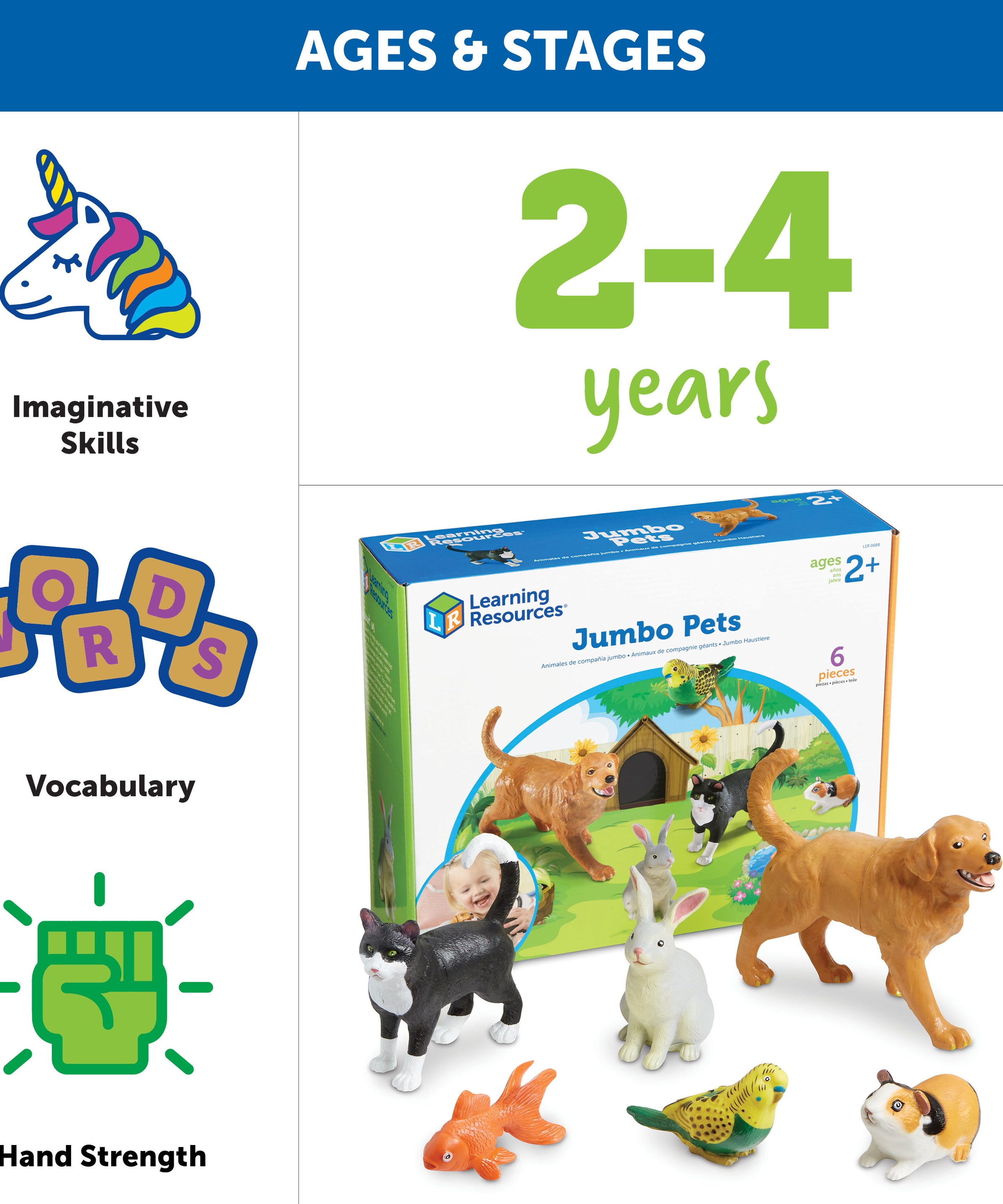 Learning Resources Jumbo Pets Toy Set, 6-Piece Realistic Pet Animal Figures for Kids Imaginative Play and Early Learning