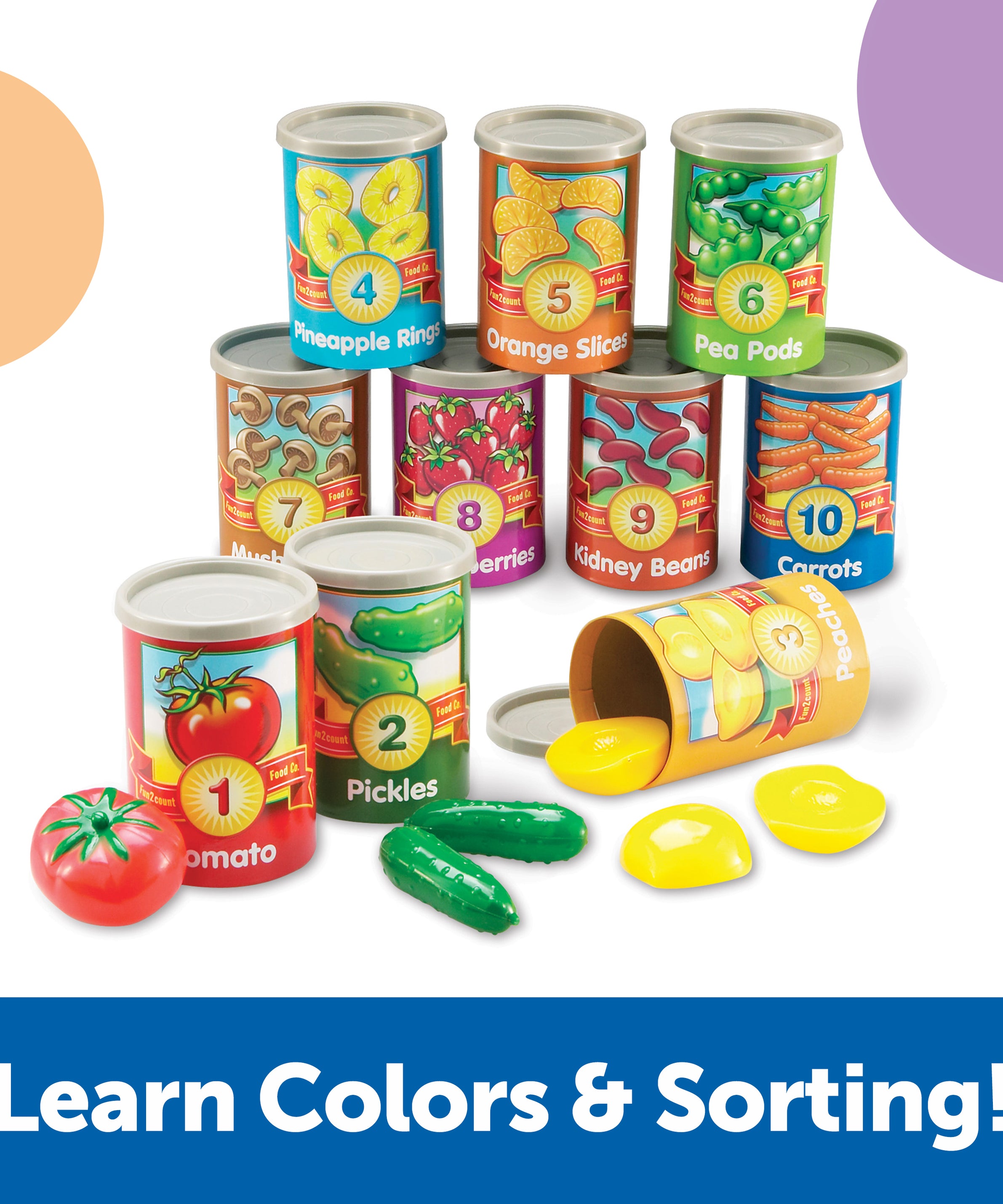 Learning Resources 1 to 10 Counting Cans, Early Years Counting and Sorting Toy with 55 Play Food Pieces, Stackable Storage, Ages 3 Plus