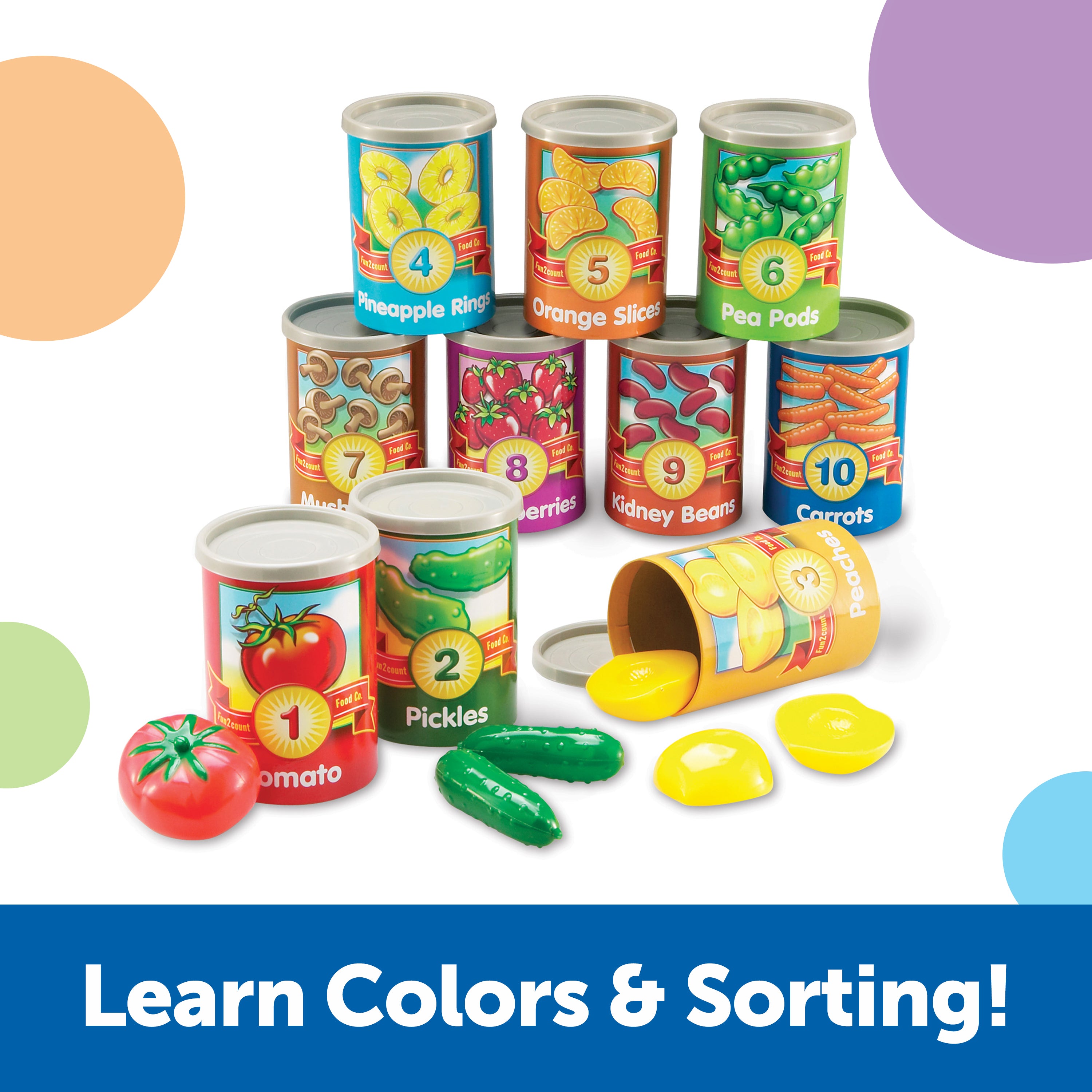 Learning Resources 1 to 10 Counting Cans, Early Years Counting and Sorting Toy with 55 Play Food Pieces, Stackable Storage, Ages 3 Plus