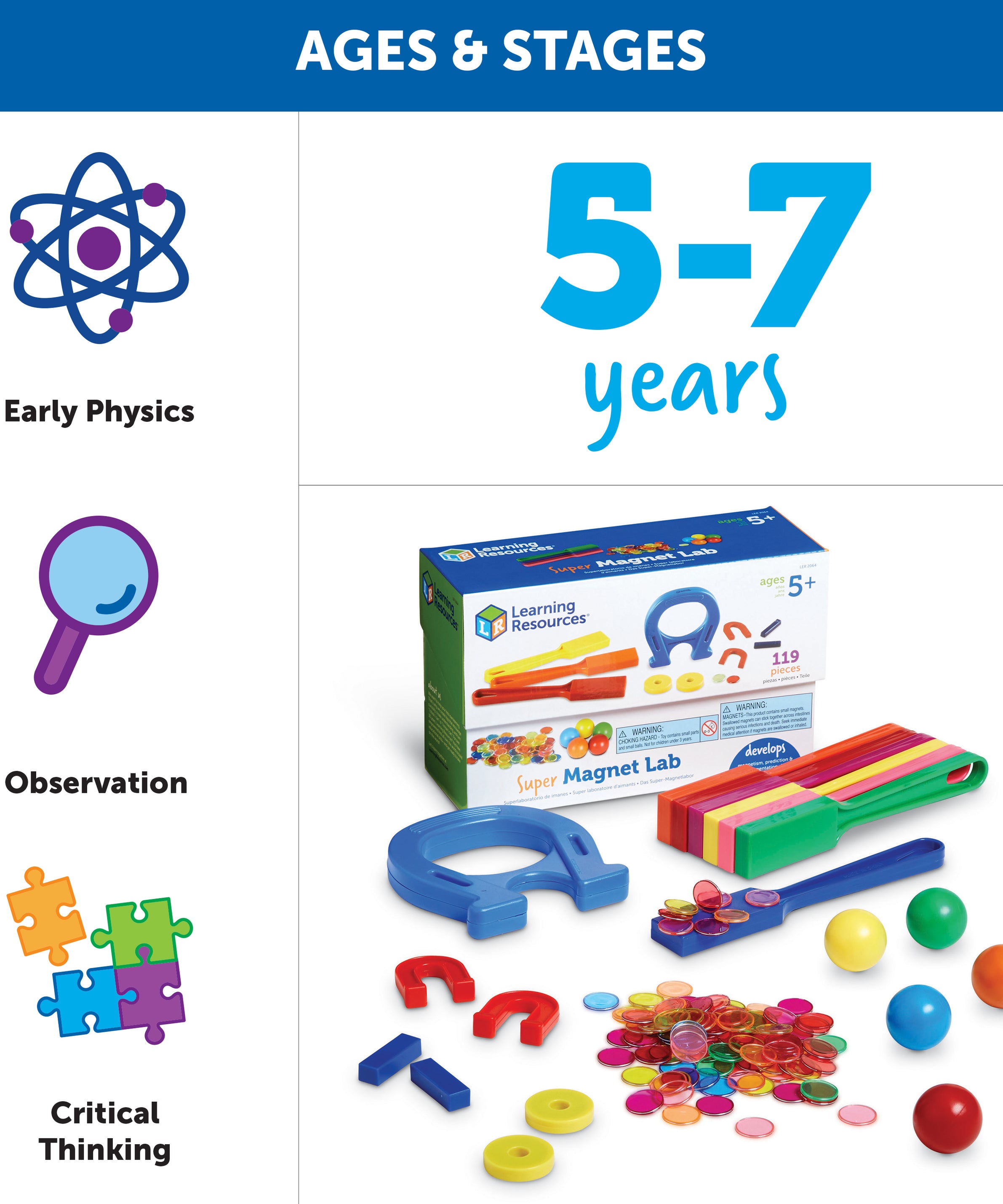 Learning Resources Super Magnet Classroom Lab Kit, 224-Piece Set for Exploring Magnetic Properties, Includes Magnetic Chips, Marbles, Magnets, Wands, and Activity Guide, Ages 5+