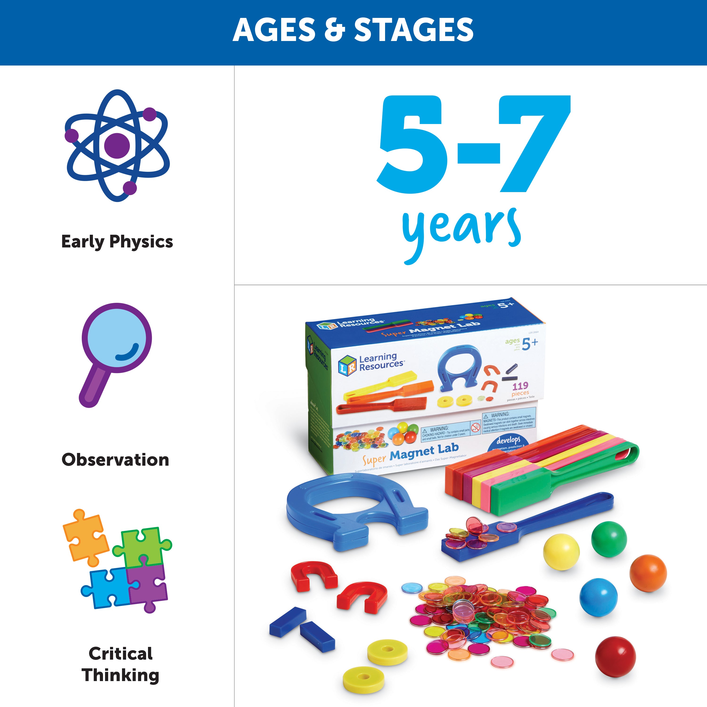 Learning Resources Super Magnet Classroom Lab Kit, 224-Piece Set for Exploring Magnetic Properties, Includes Magnetic Chips, Marbles, Magnets, Wands, and Activity Guide, Ages 5+