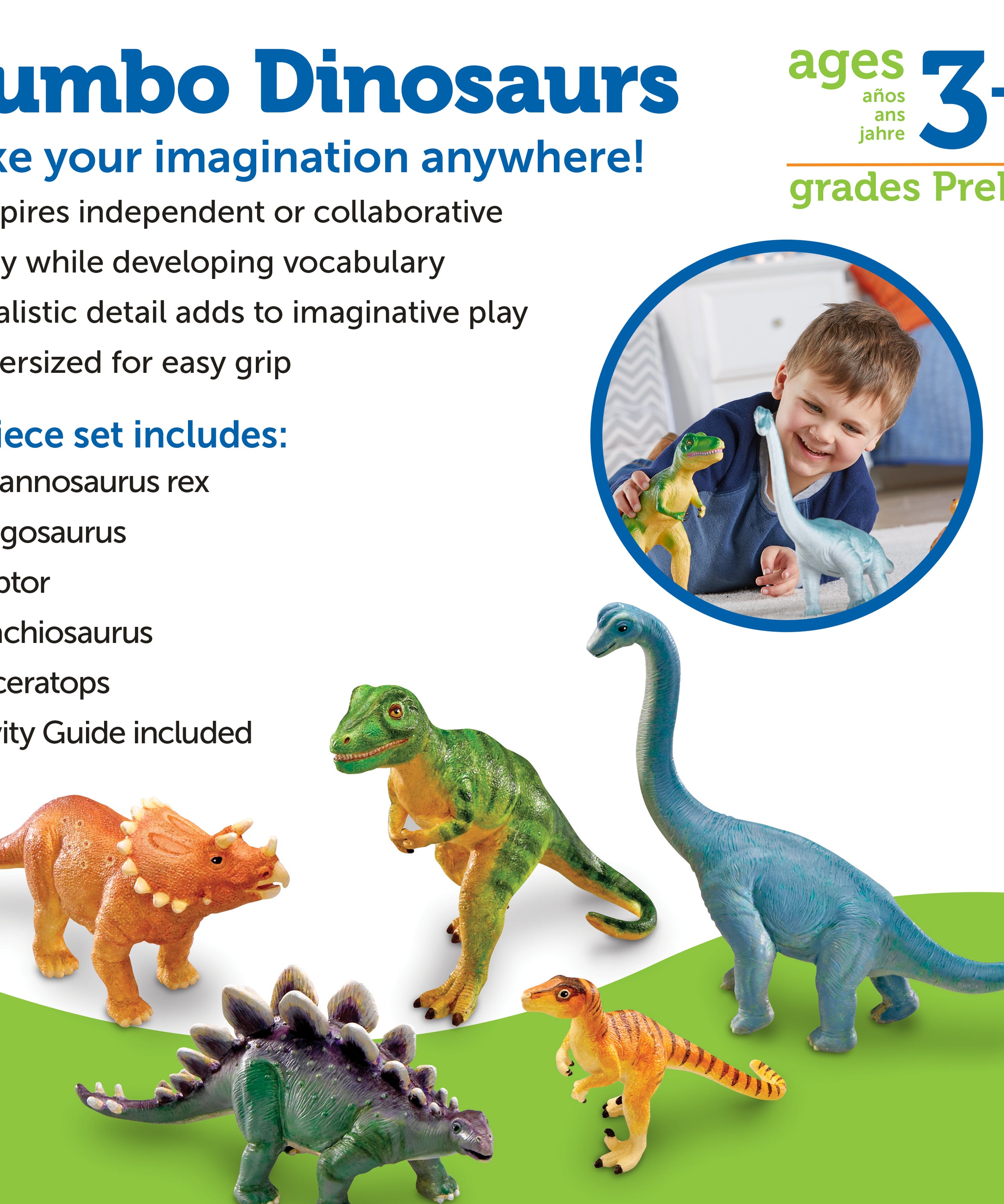 Learning Resources Jumbo Dinosaur Toy Set, 5 Realistic Prehistoric Figures for Kids Imaginative Play and Early Learning