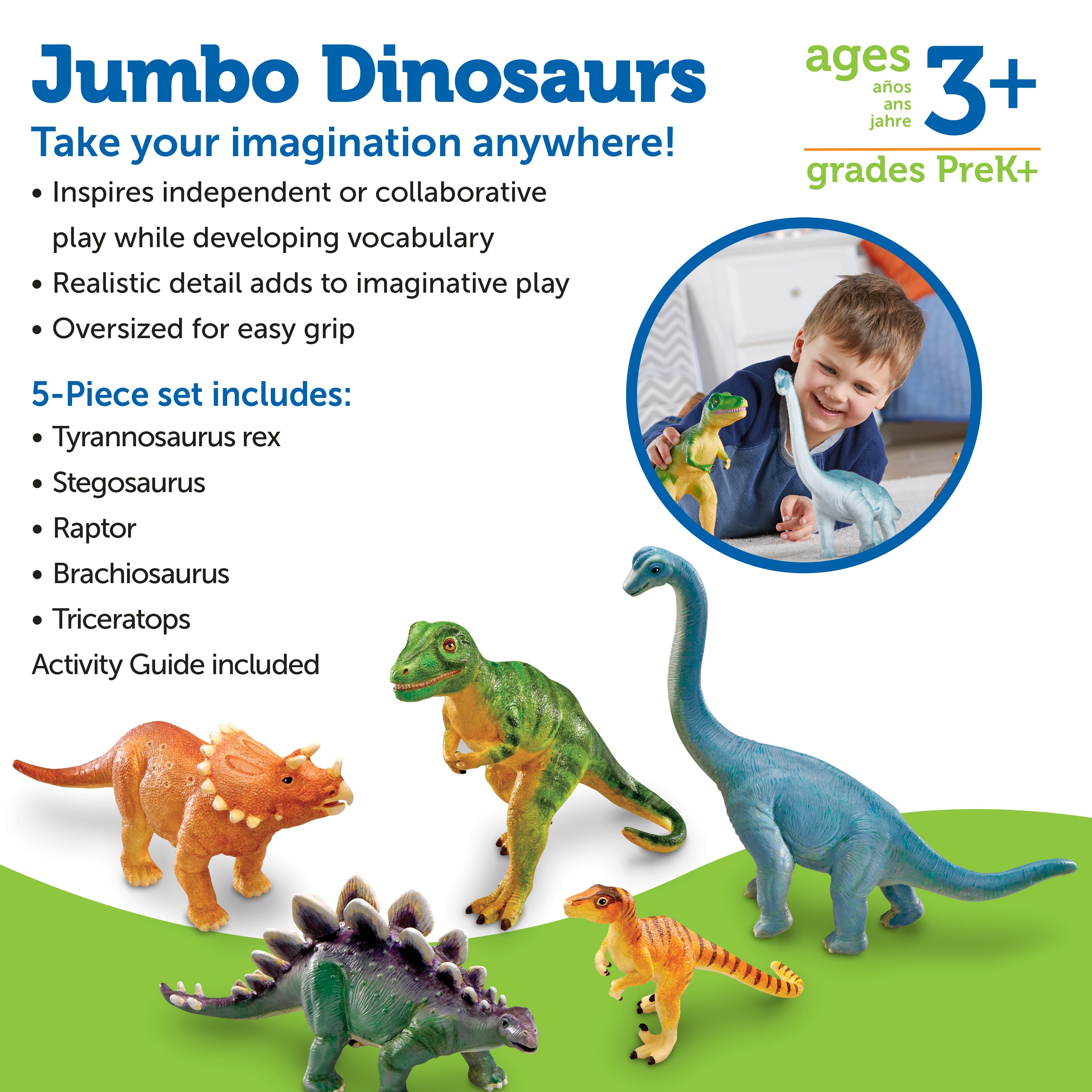 Learning Resources Jumbo Dinosaur Toy Set, 5 Realistic Prehistoric Figures for Kids Imaginative Play and Early Learning