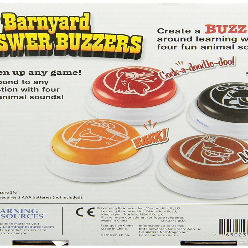 Learning Resources Barnyard Answer Buzzers (Set of 4), Fun Farm Animal Sounds for Classroom or Family Game Night, Easy to Use for Kids Ages 3+ (Moo, Neigh, Bark, Cock-a-doodle-doo)