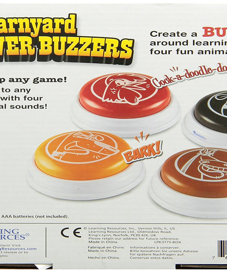 Learning Resources Barnyard Answer Buzzers (Set of 4), Fun Farm Animal Sounds for Classroom or Family Game Night, Easy to Use for Kids Ages 3+ (Moo, Neigh, Bark, Cock-a-doodle-doo)