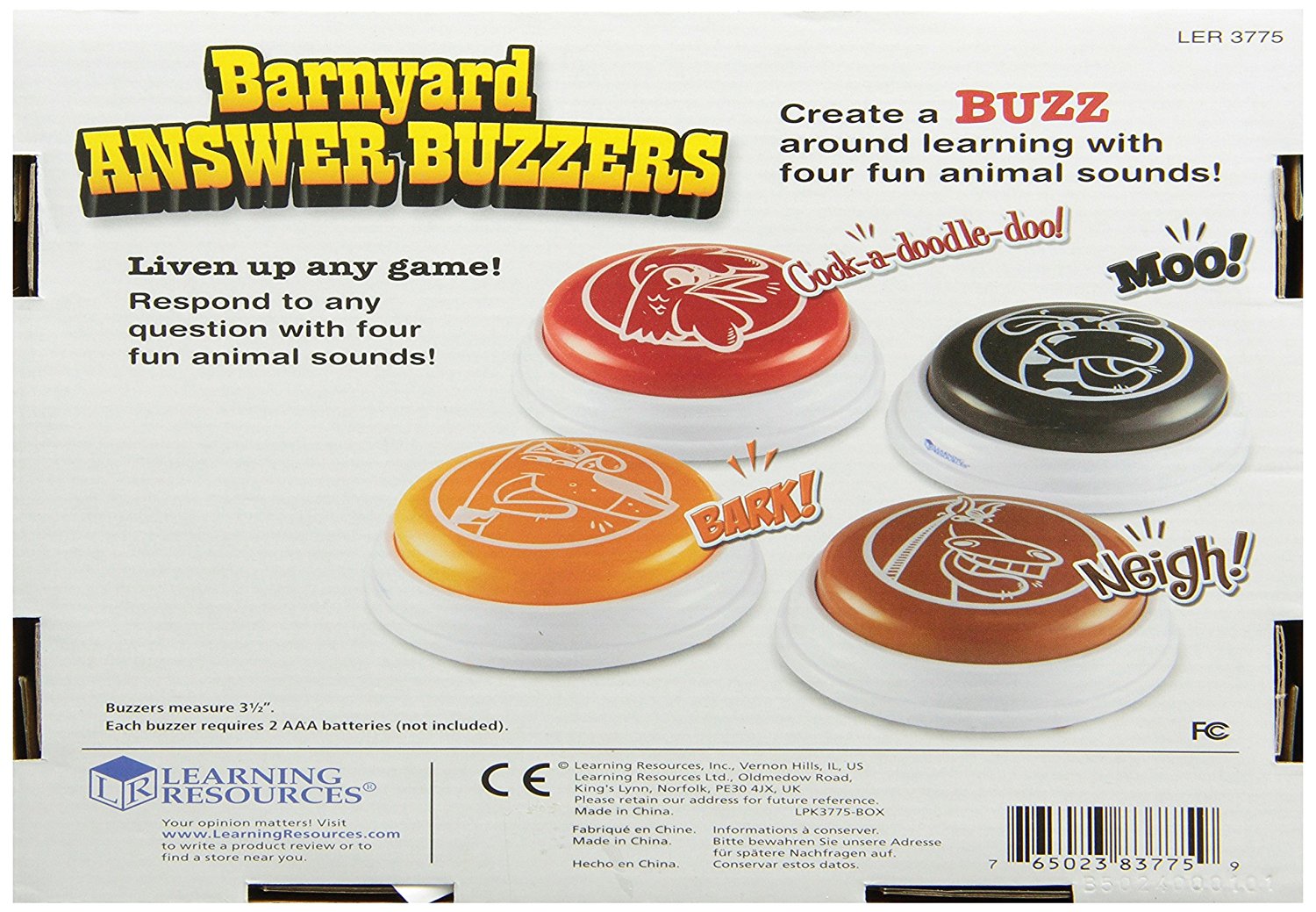 Learning Resources Barnyard Answer Buzzers (Set of 4), Fun Farm Animal Sounds for Classroom or Family Game Night, Easy to Use for Kids Ages 3+ (Moo, Neigh, Bark, Cock-a-doodle-doo)