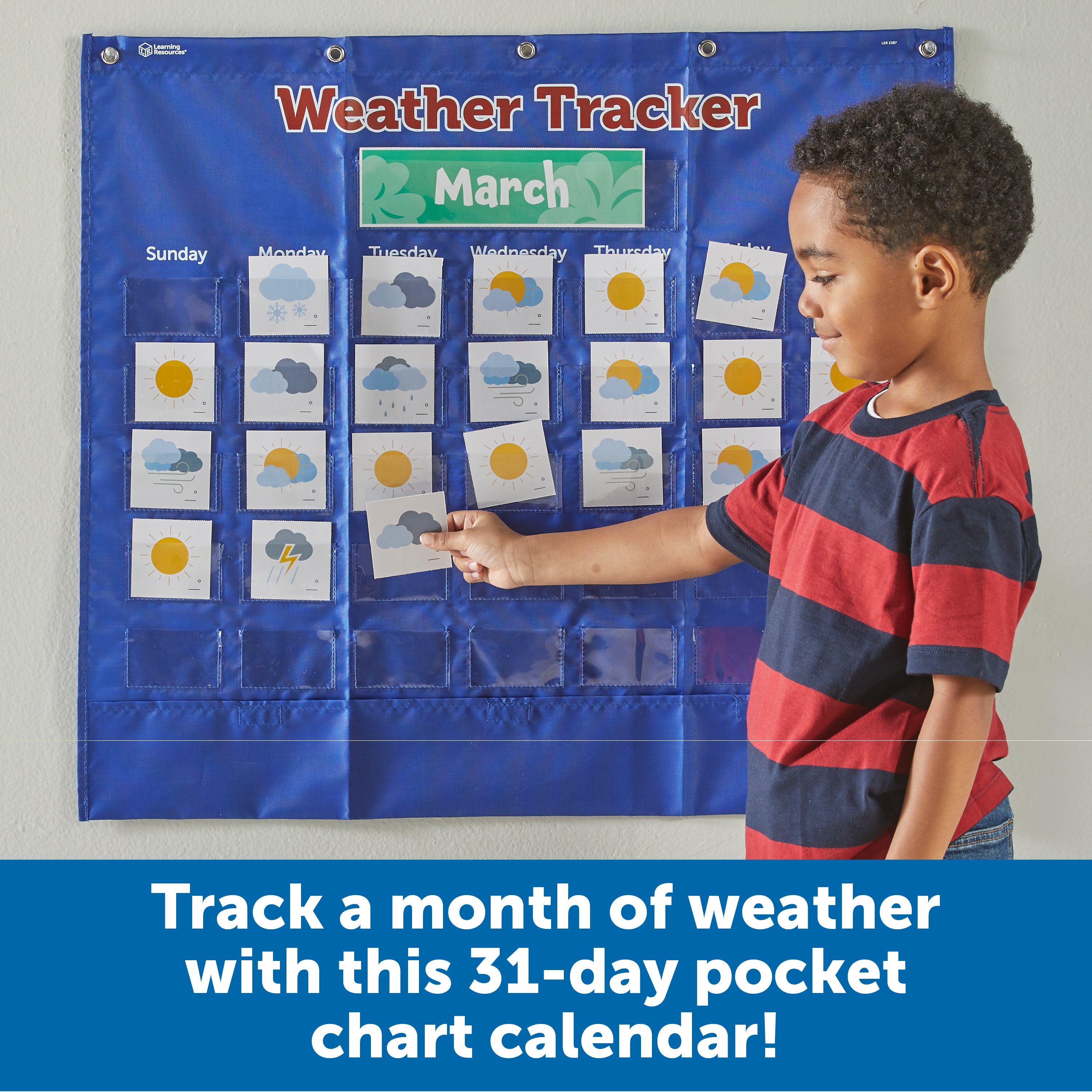 Learning Resources Interactive Weather Tracker Pocket Chart, 103-Piece Set for Daily Weather Observations and Learning
