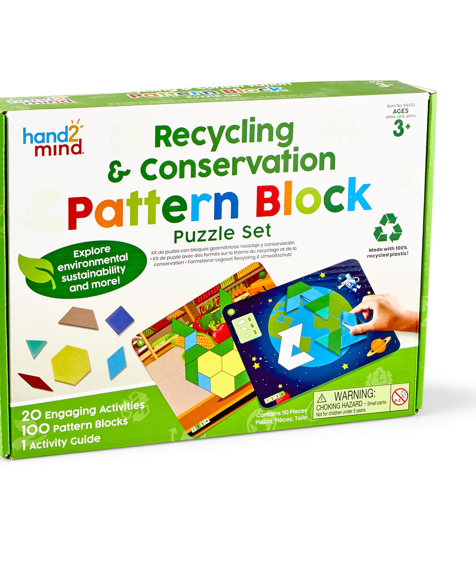 Learning Resources Recycling & Conservation Pattern Block Puzzle Set, 100 Colourful Pattern Blocks, 10 Double-Sided Puzzle Cards, Made from Recycled Plastic, Early Maths & Sustainability Learning, Ages 3+