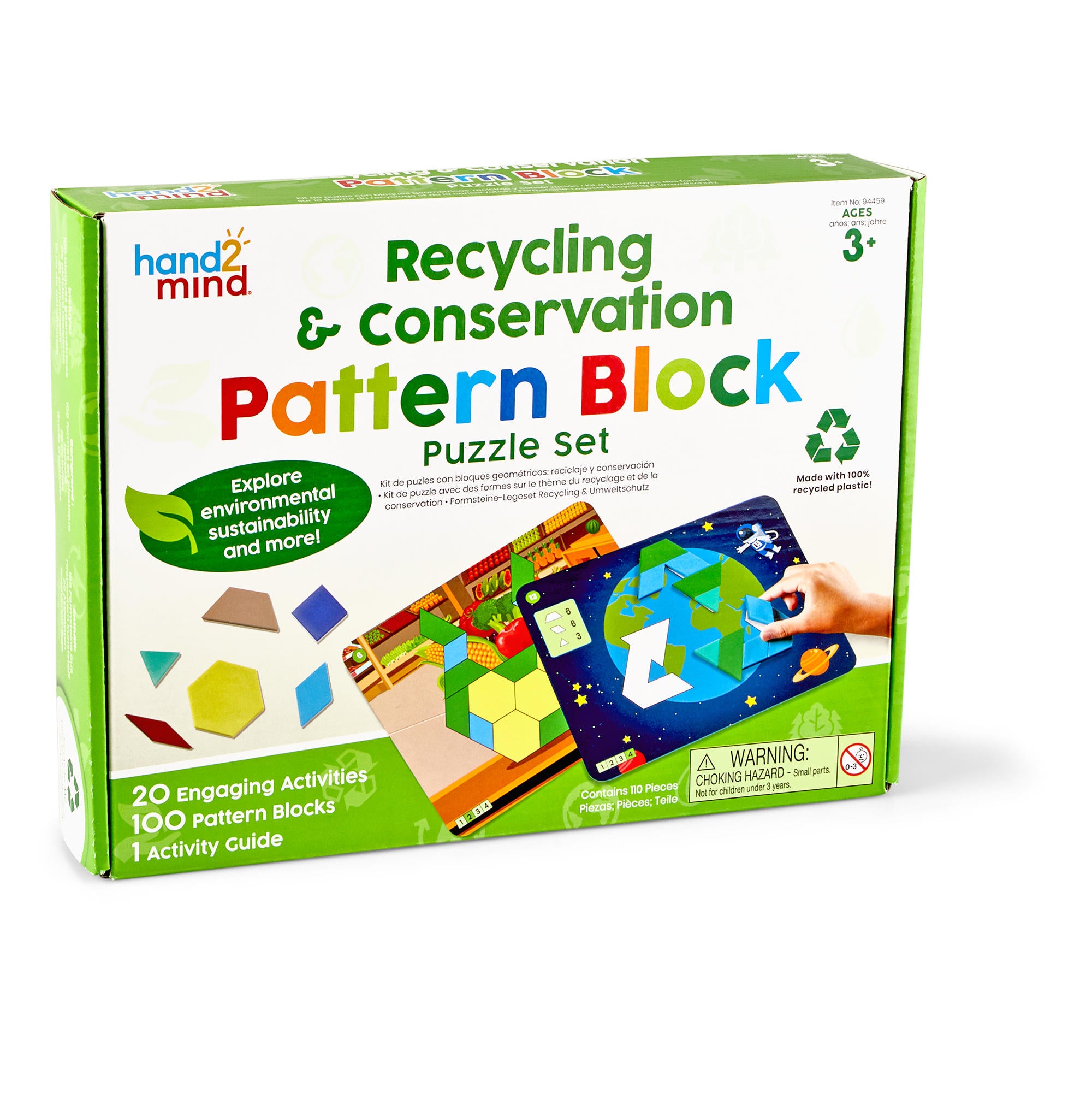 Learning Resources Recycling & Conservation Pattern Block Puzzle Set, 100 Colourful Pattern Blocks, 10 Double-Sided Puzzle Cards, Made from Recycled Plastic, Early Maths & Sustainability Learning, Ages 3+