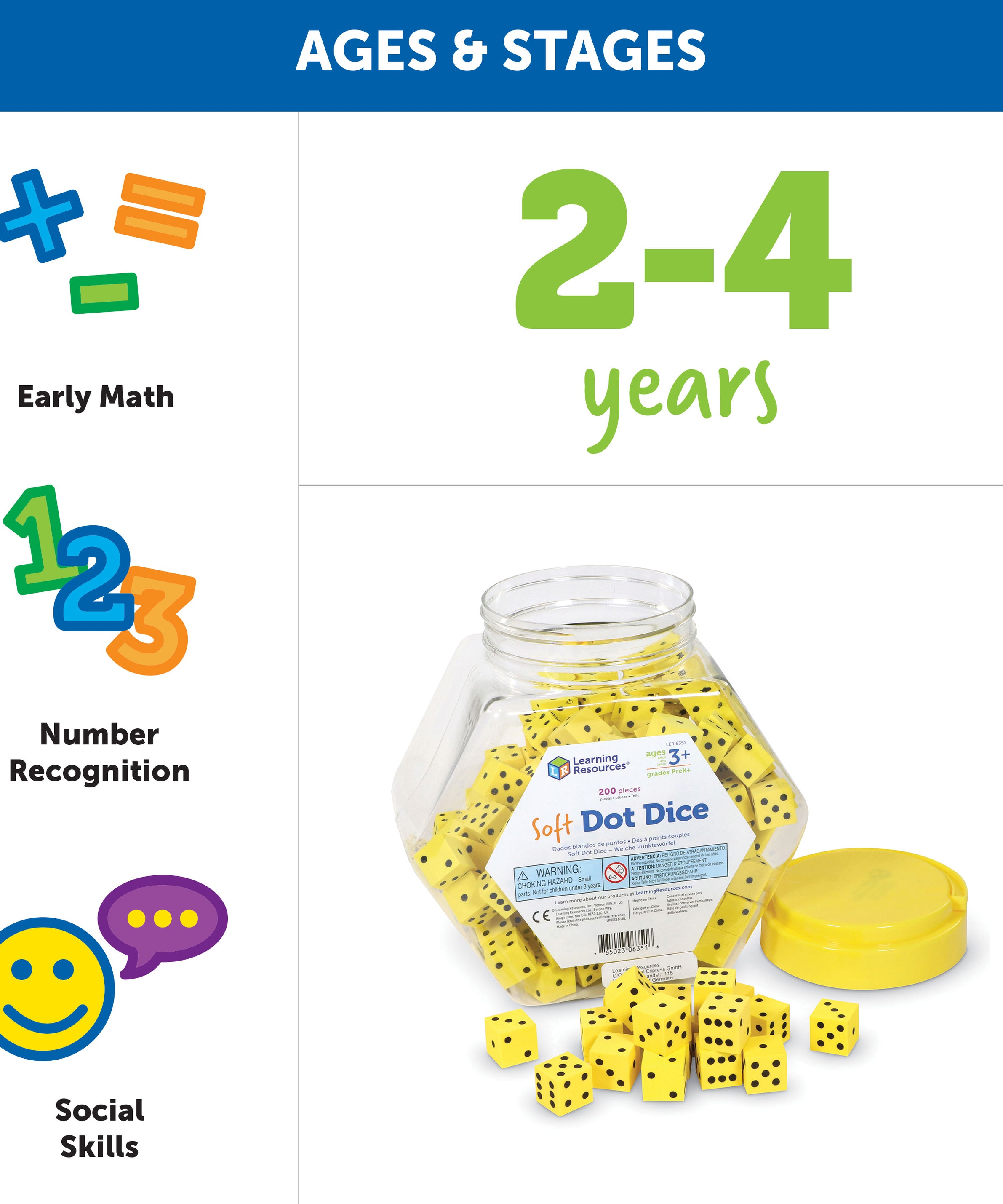 Learning Resources Soft Foam Dot Dice, Set of 200, Quiet and Durable Dice for Classroom Games, Maths Activities, and Probability Learning