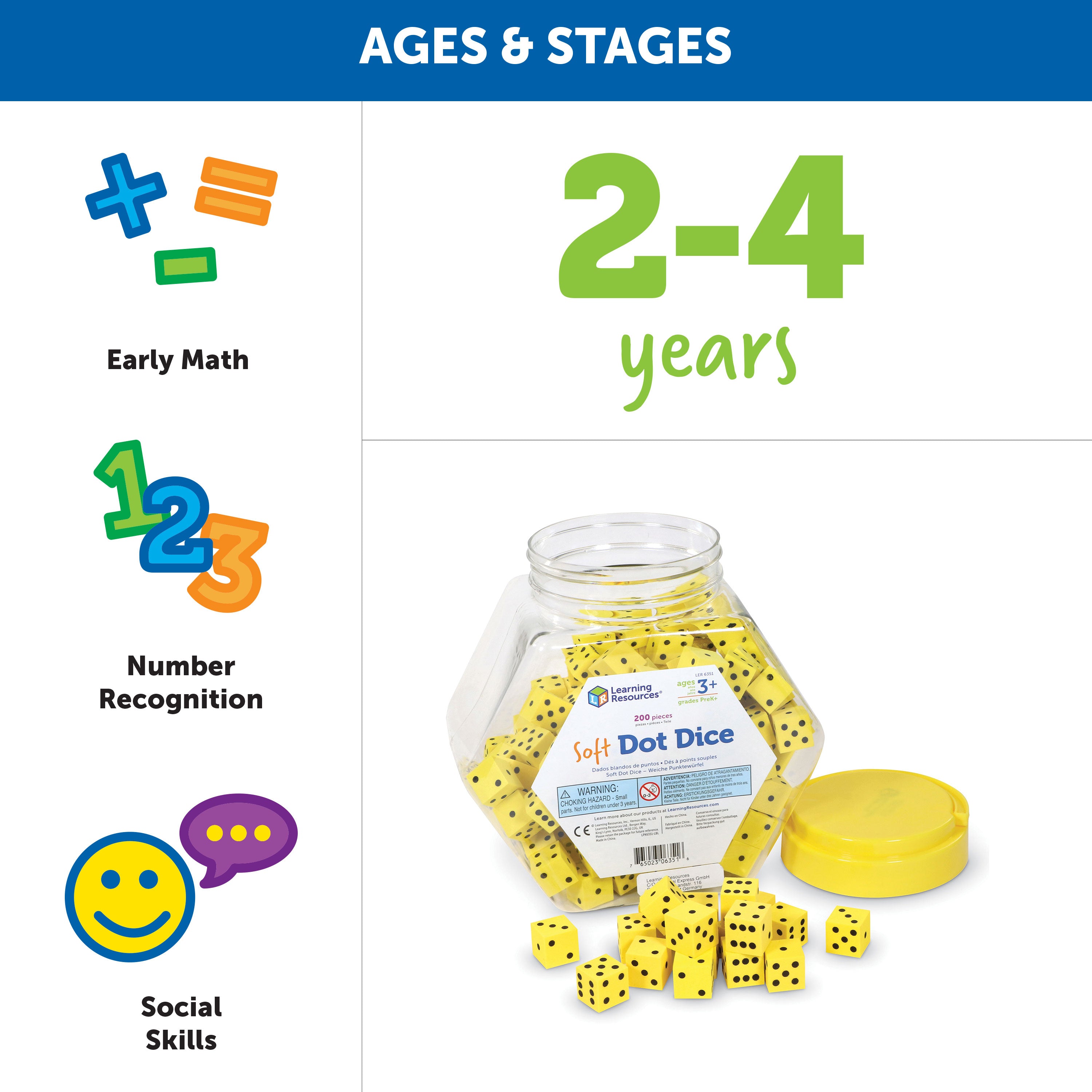 Learning Resources Soft Foam Dot Dice, Set of 200, Quiet and Durable Dice for Classroom Games, Maths Activities, and Probability Learning