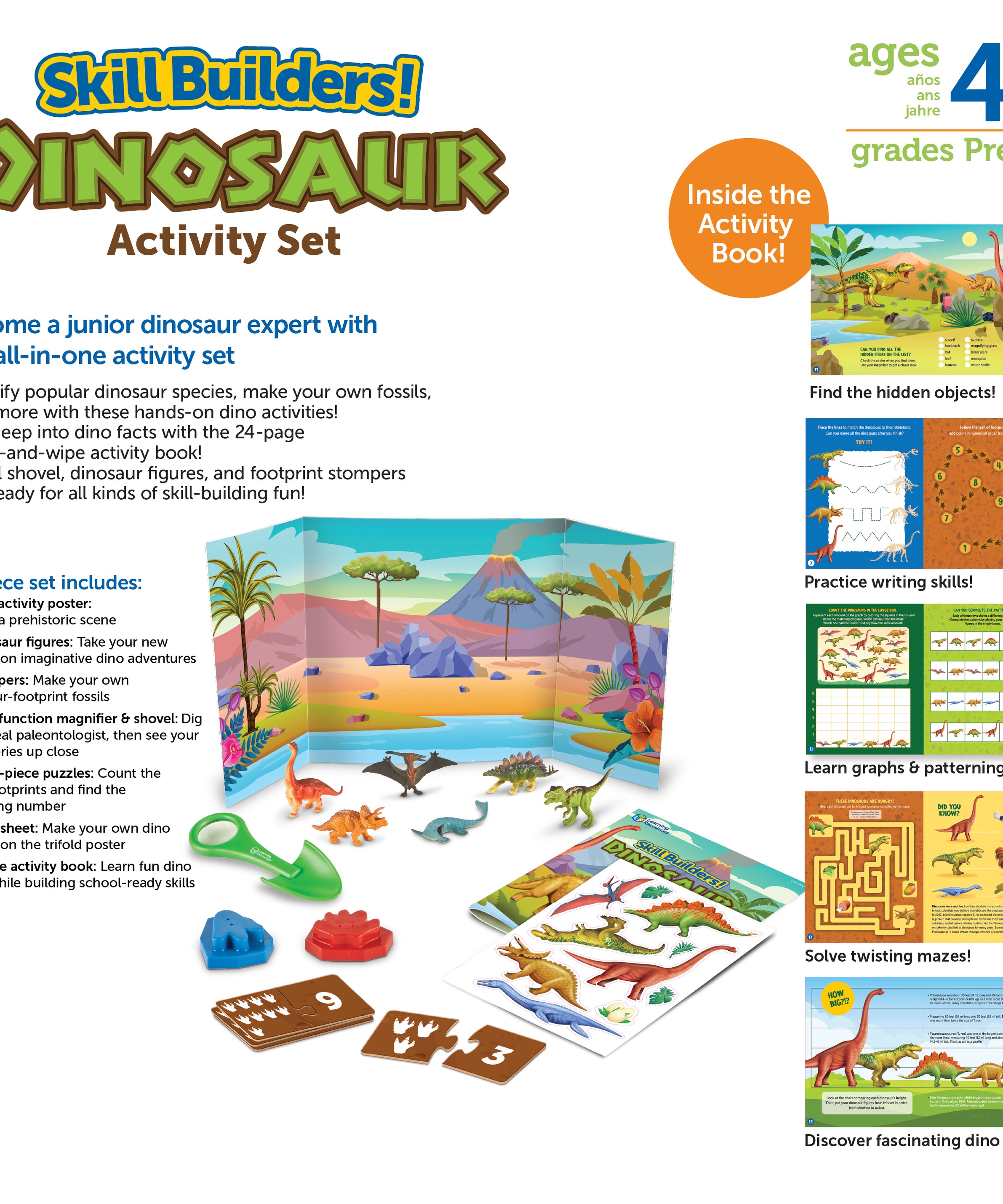 Learning Resources Skill Builders! Dinosaurs, Preschool Dinosaur Learning Set with Fossils, Puzzles, and Activity Book, Ages 4+