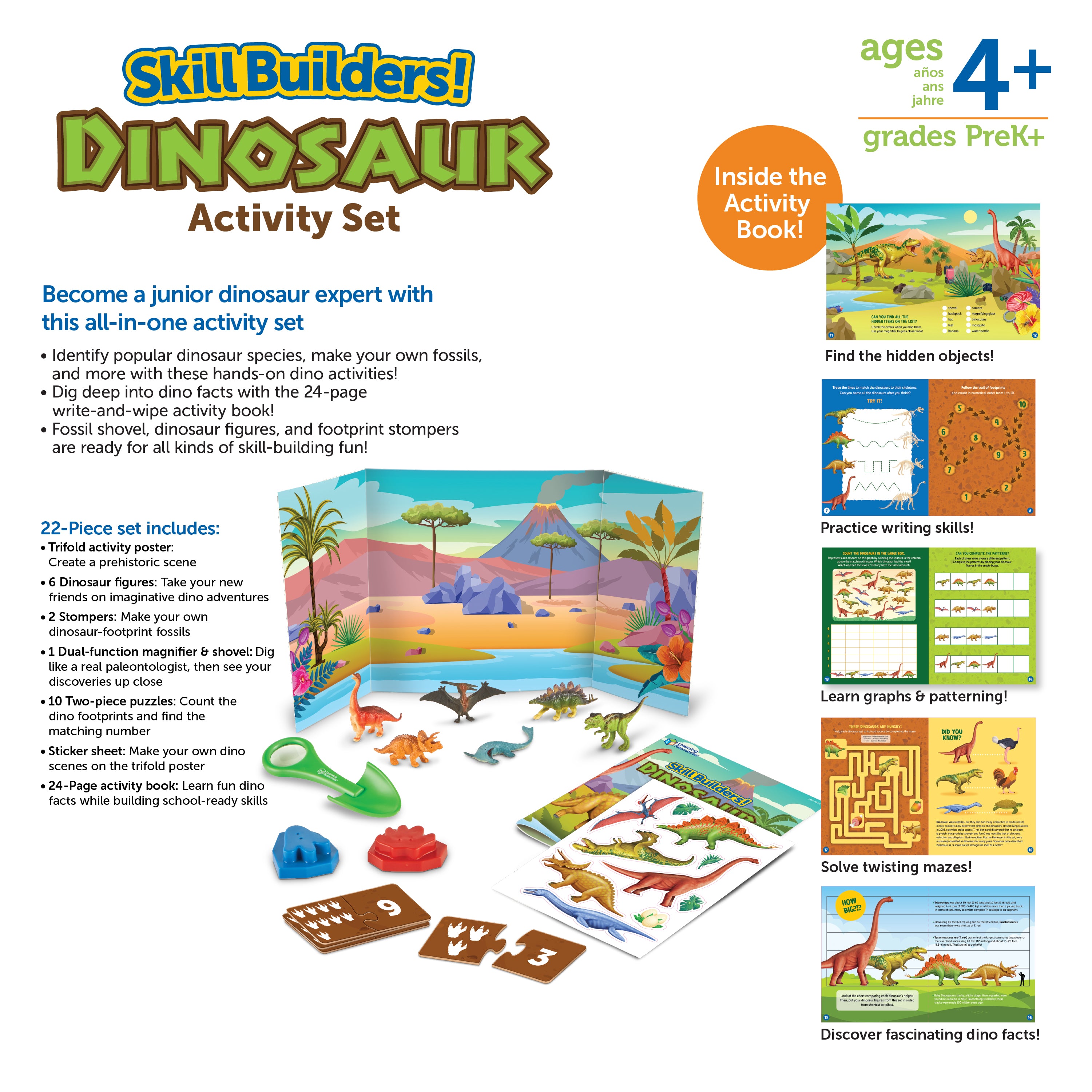 Learning Resources Skill Builders! Dinosaurs, Preschool Dinosaur Learning Set with Fossils, Puzzles, and Activity Book, Ages 4+