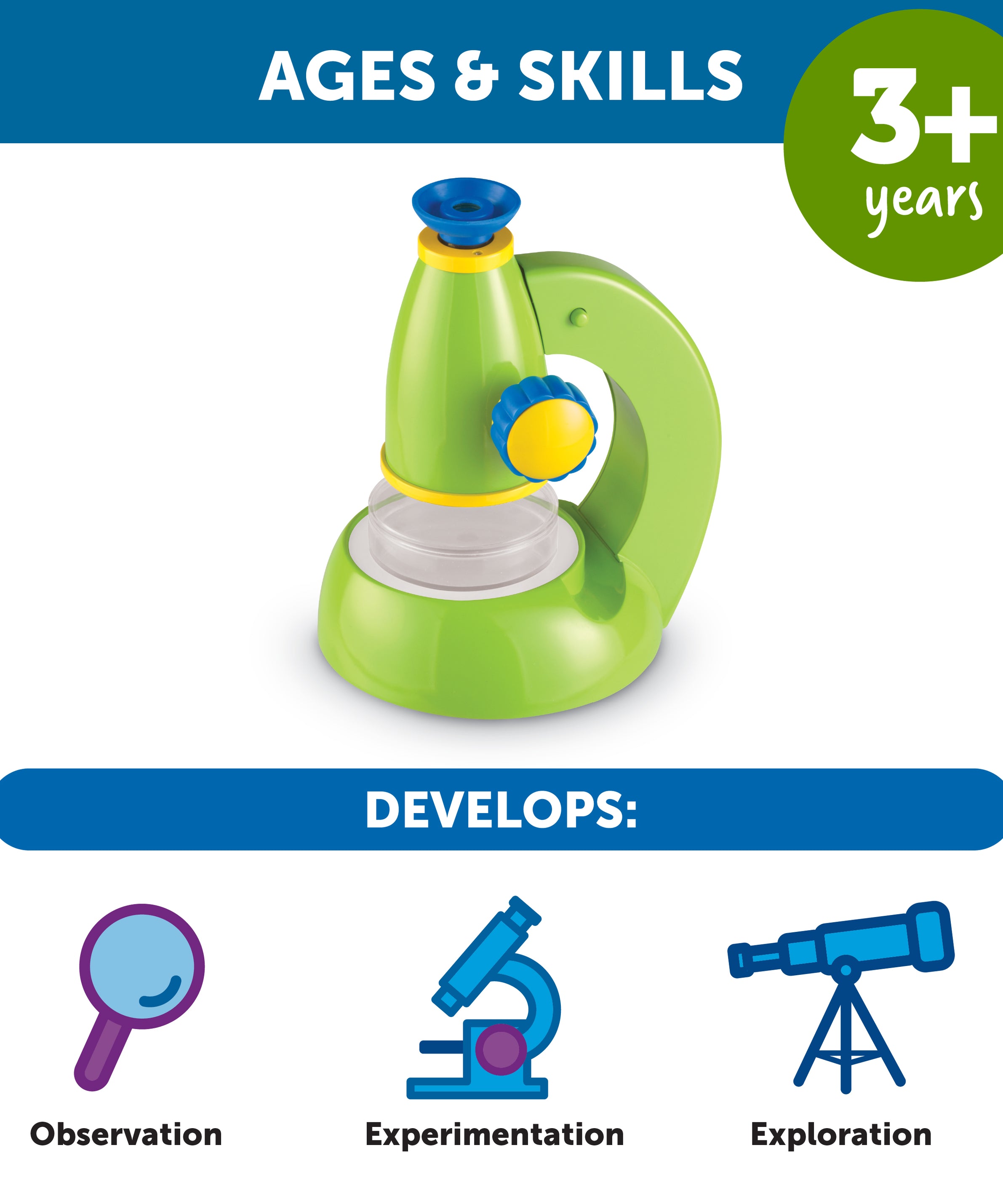 Learning Resources Primary Science ViewScope, Real-Working Microscope for Kids, 20x Magnification, Detachable Viewer, Soft Eyepiece for Comfort, Includes Clear Plastic Case for Specimens, Ages 3+