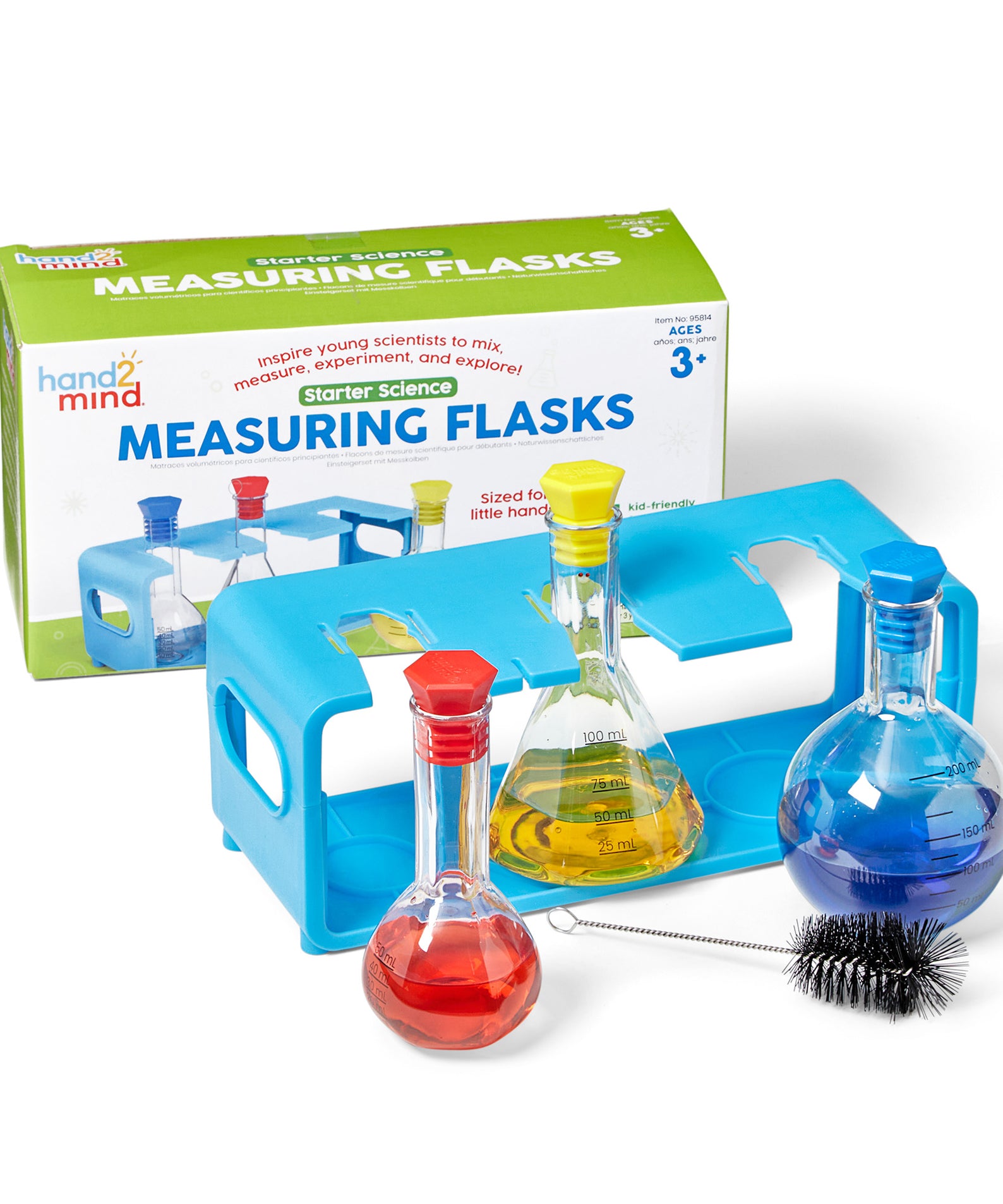 Learning Resources Starter Science Measuring Flask Set, Child-Safe Lab Equipment with 3 Flasks, Stoppers, Stand and Cleaning Brush, Ages 3 Plus