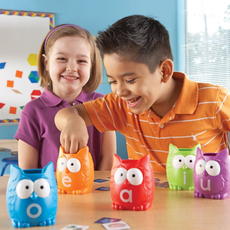 Learning Resources Vowel Owls Sorting Set, Hands-On Literacy Activity for Kids with 100 Picture Cards and 6 Owl Containers, Teaches Short and Long Vowel Sounds, Ages 5+