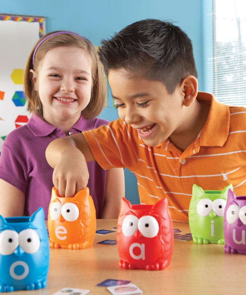 Learning Resources Vowel Owls Sorting Set, Hands-On Literacy Activity for Kids with 100 Picture Cards and 6 Owl Containers, Teaches Short and Long Vowel Sounds, Ages 5+