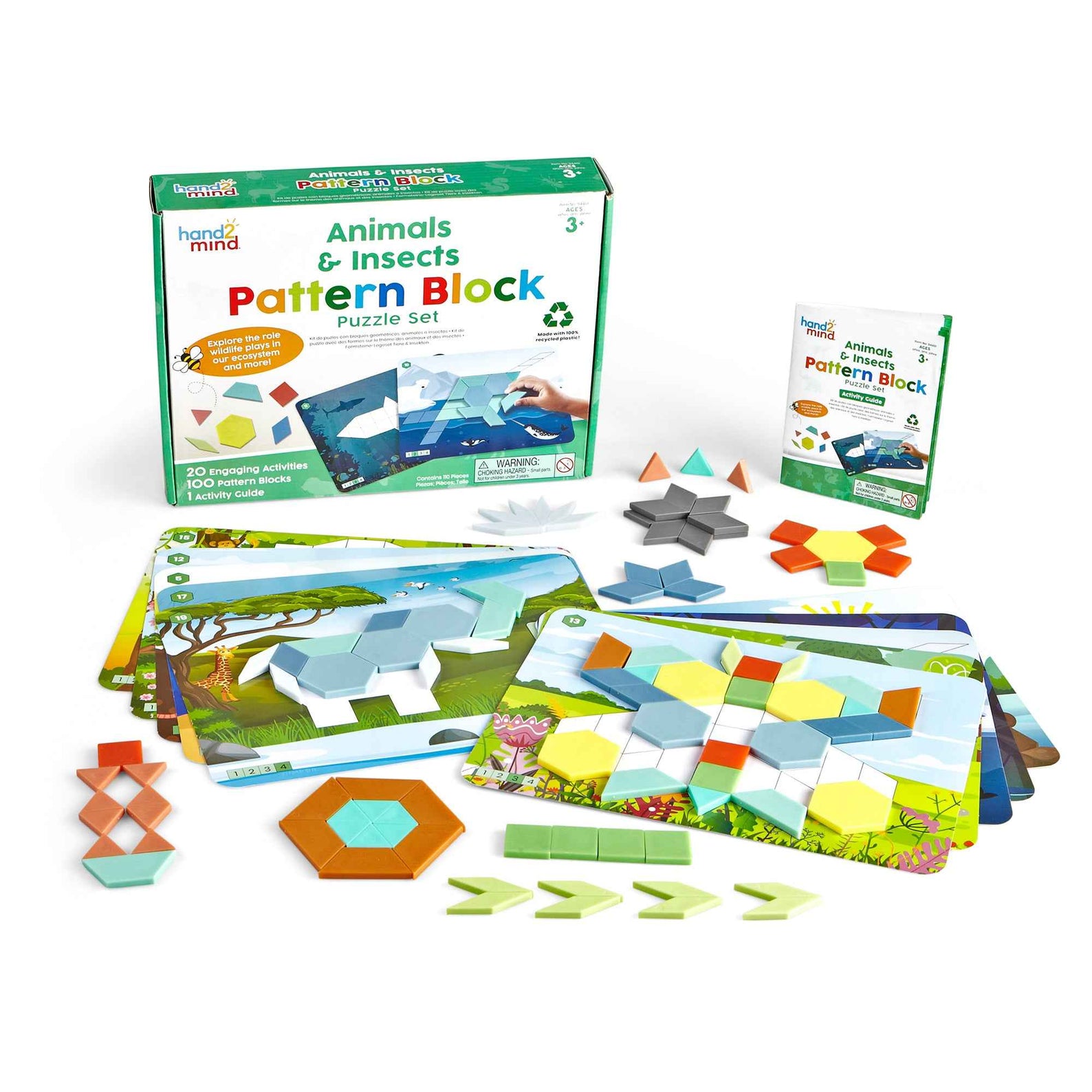 Learning Resources Animals & Insects Pattern Block Puzzle Set, 100 Colourful Pattern Blocks, 10 Double-Sided Puzzle Cards, Recycled Plastic, Early Maths & Shape Recognition, Ages 3+