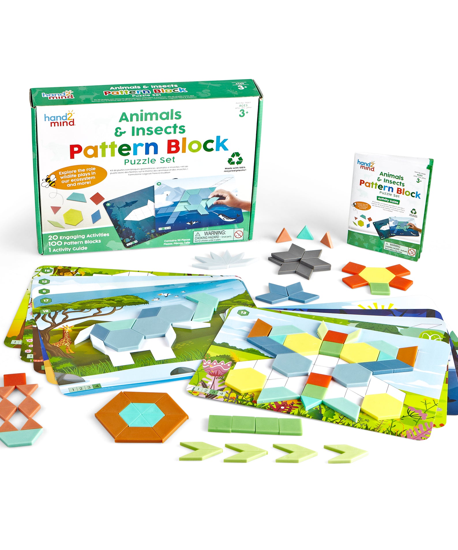 Learning Resources Animals & Insects Pattern Block Puzzle Set, 100 Colourful Pattern Blocks, 10 Double-Sided Puzzle Cards, Recycled Plastic, Early Maths & Shape Recognition, Ages 3+
