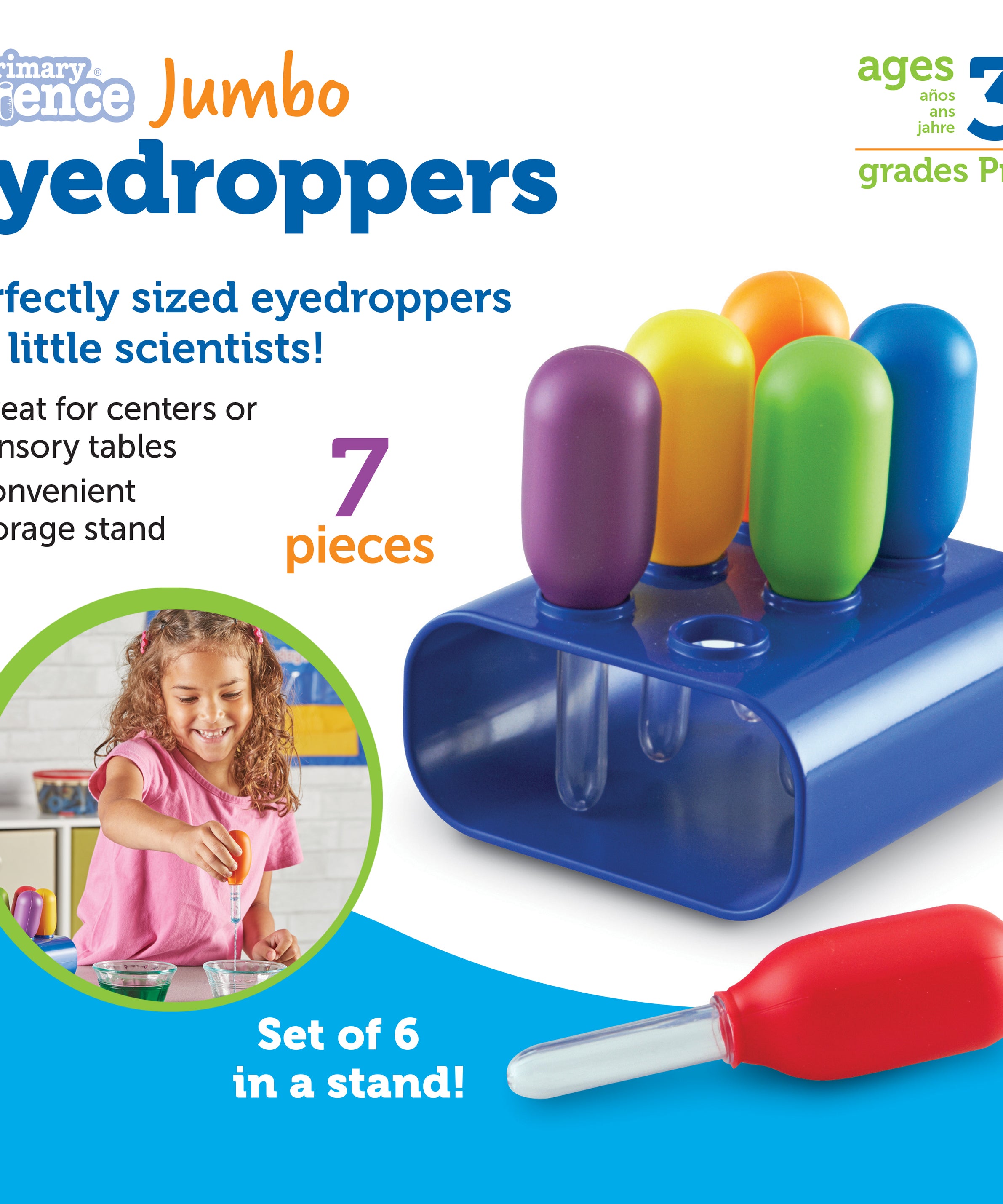 Learning Resources Primary Science Jumbo Eyedroppers with Stand, Set of 6 Colourful Eyedroppers, Perfect for Fine Motor Skill Development, Cause and Effect Exploration, Ages 3+