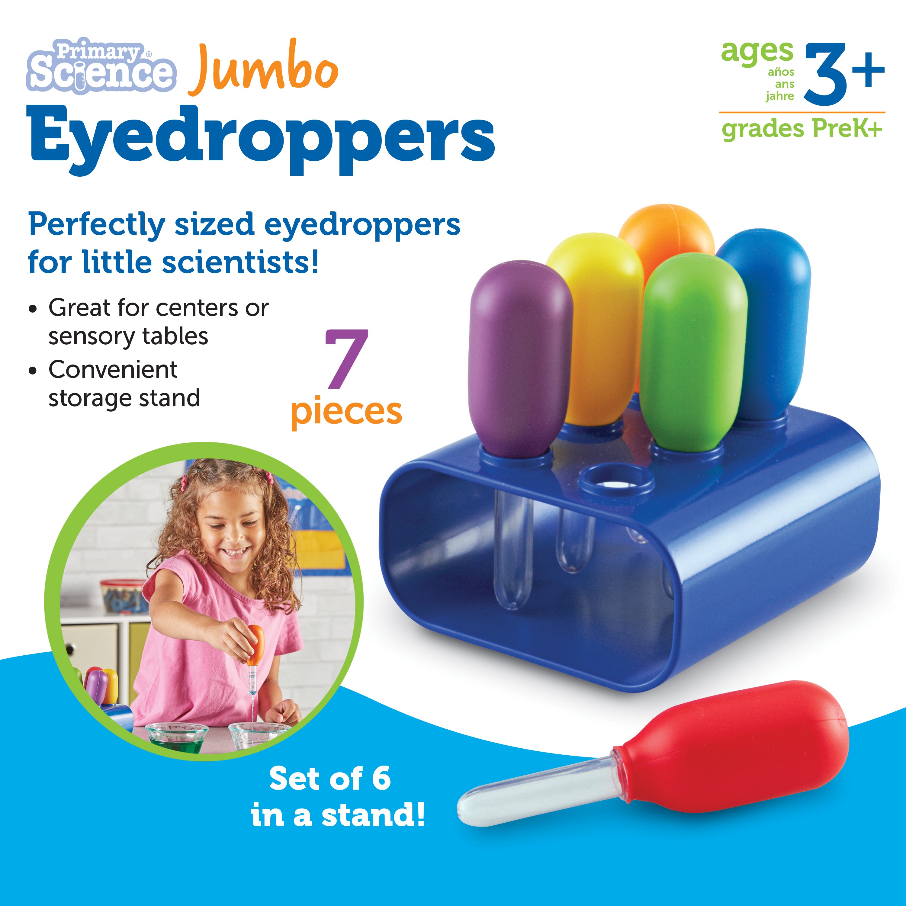 Learning Resources Primary Science Jumbo Eyedroppers with Stand, Set of 6 Colourful Eyedroppers, Perfect for Fine Motor Skill Development, Cause and Effect Exploration, Ages 3+