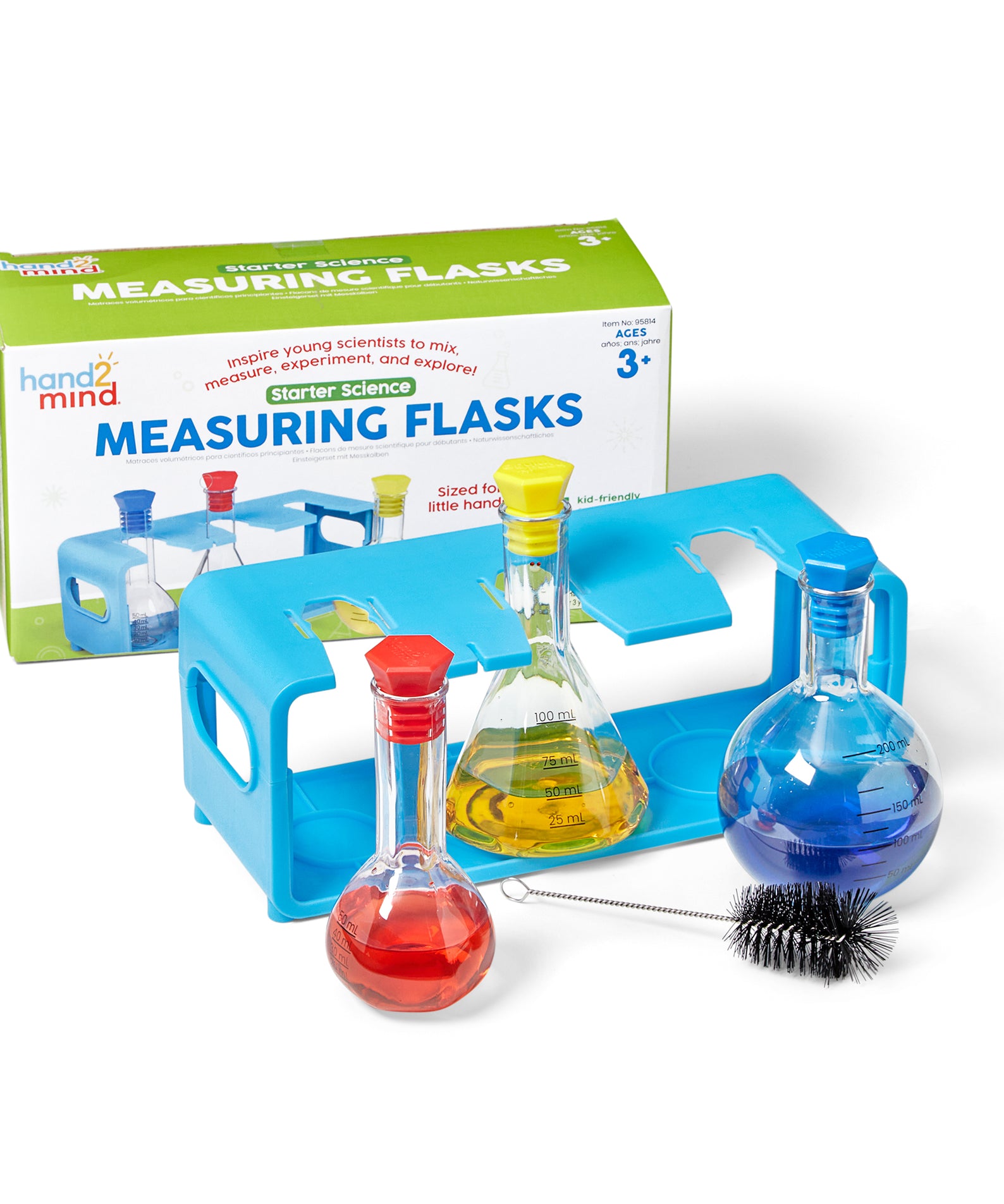 Learning Resources Starter Science Measuring Flask Set, Child-Safe Lab Equipment with 3 Flasks, Stoppers, Stand and Cleaning Brush, Ages 3 Plus