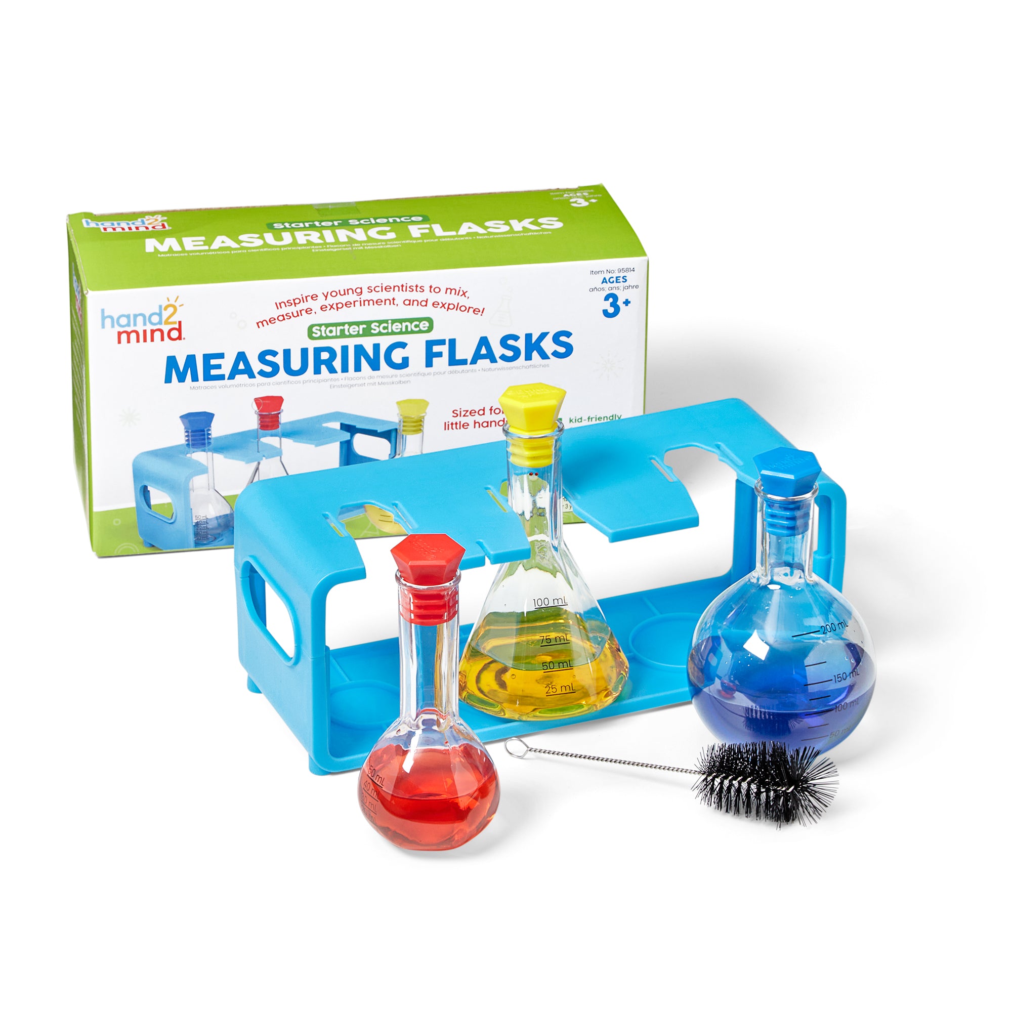 Learning Resources Starter Science Measuring Flask Set, Child-Safe Lab Equipment with 3 Flasks, Stoppers, Stand and Cleaning Brush, Ages 3 Plus