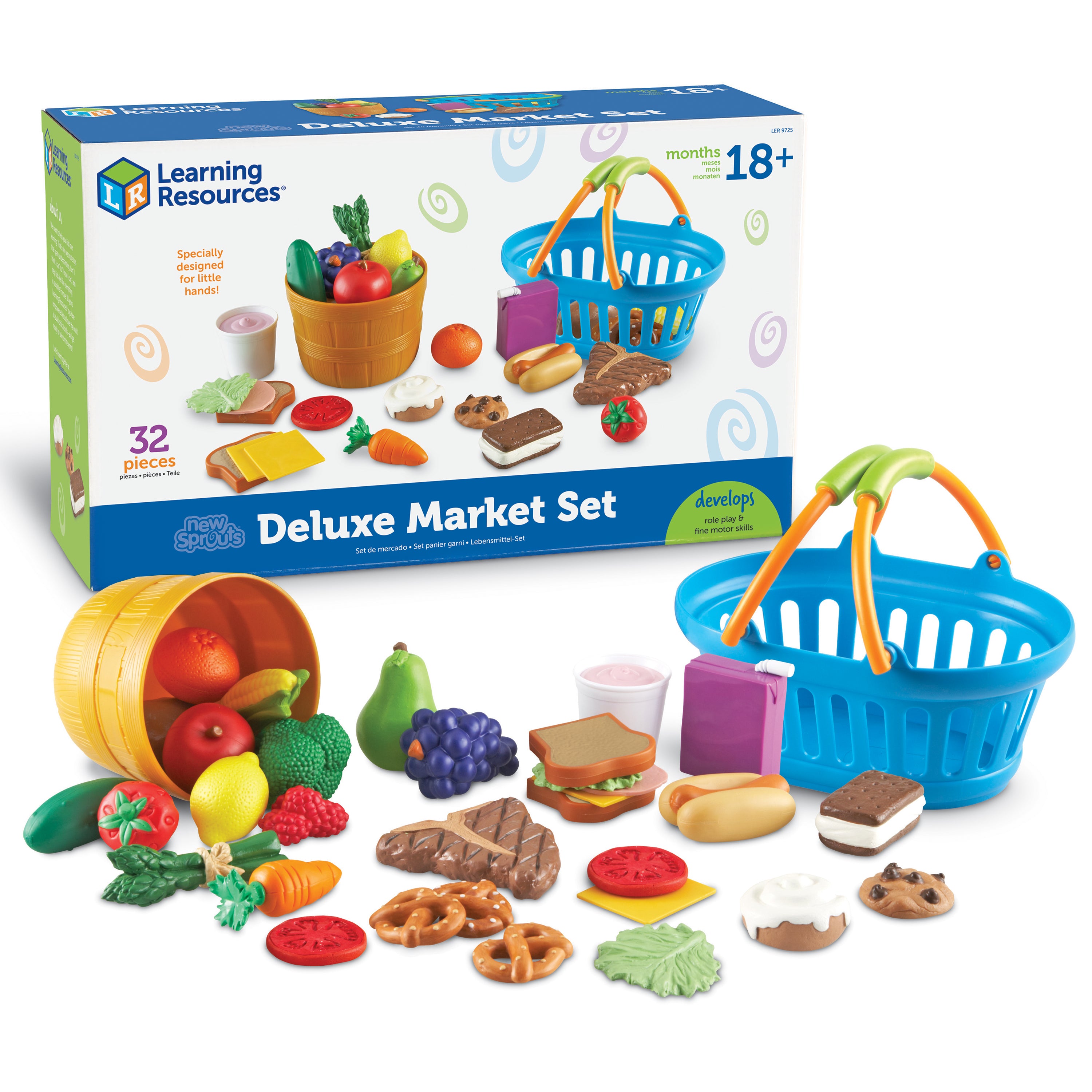 Learning Resources New Sprouts Deluxe Market Set, Pretend Play Food with 30 Pieces, Shopping Basket and Bushel, Develops Language, Sorting and Color Recognition, Ages 2+