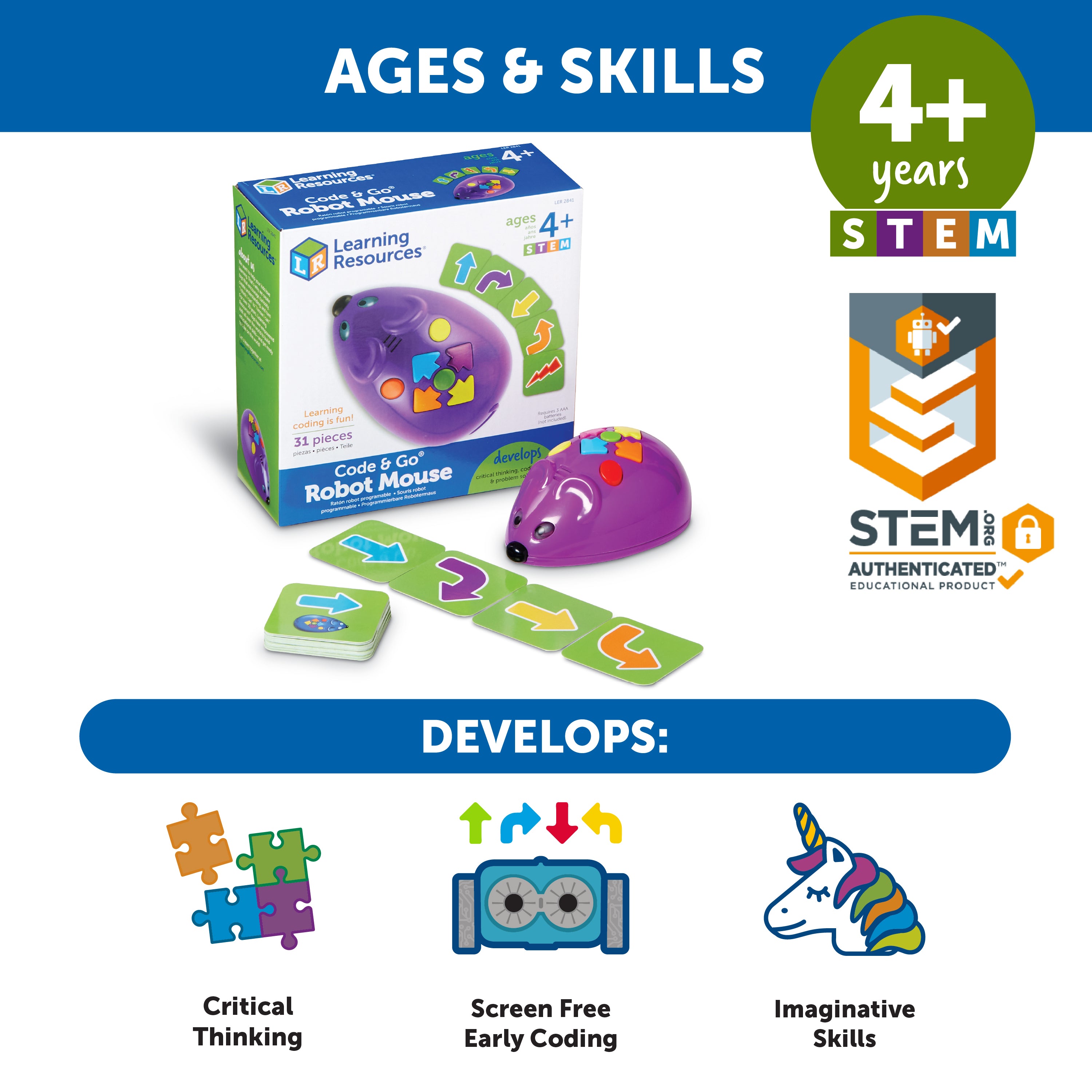 Learning Resources Code & Go Robot Mouse, Early STEM Coding Set for Kids Ages 4+, Hands-On Learning with Jack the Robot Mouse