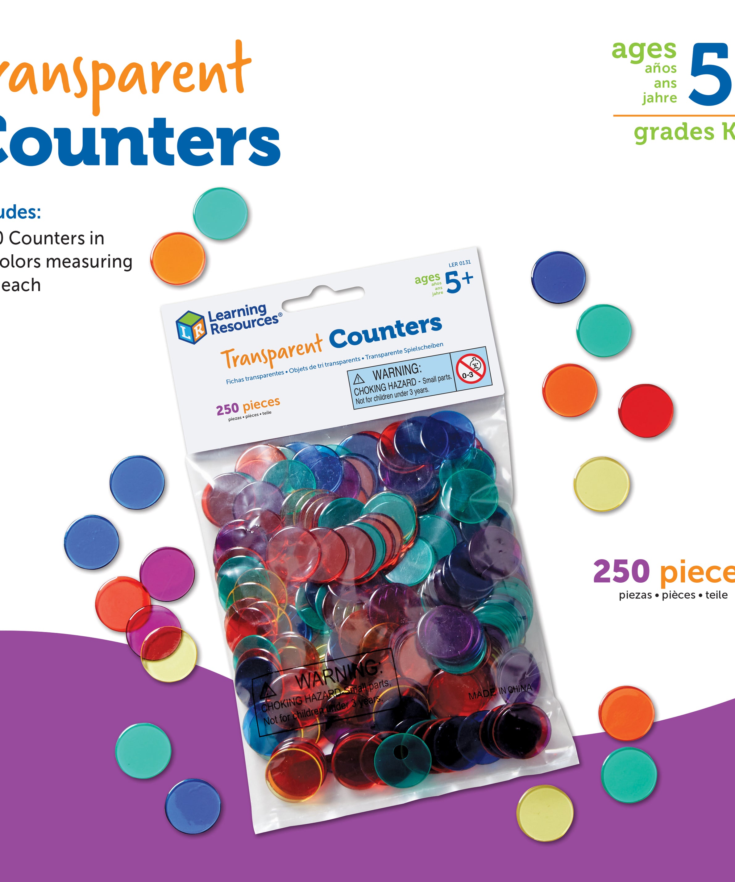 Learning Resources Transparent Counters, Set of 250 Colourful 2cm Counters for Maths Activities, Ages 5 Plus
