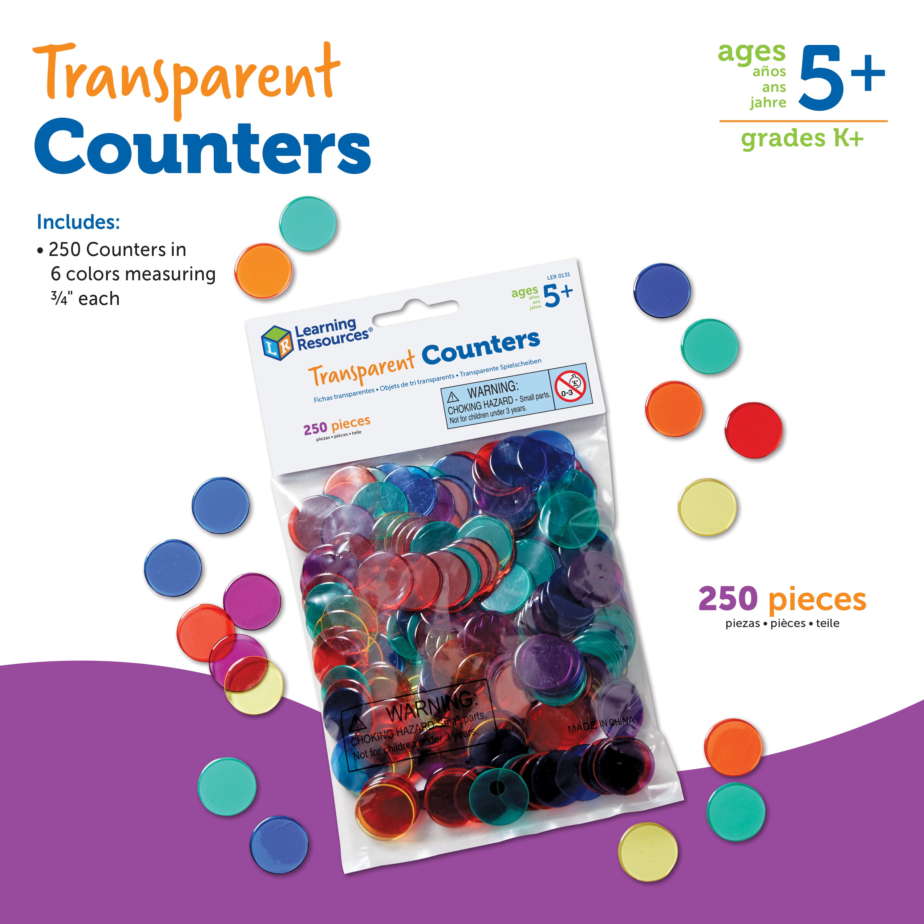 Learning Resources Transparent Counters, Set of 250 Colourful 2cm Counters for Maths Activities, Ages 5 Plus